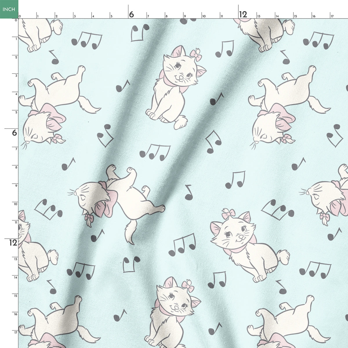 White kittens with pink bows playing among musical notes on a light mint background springs ruler 18x18