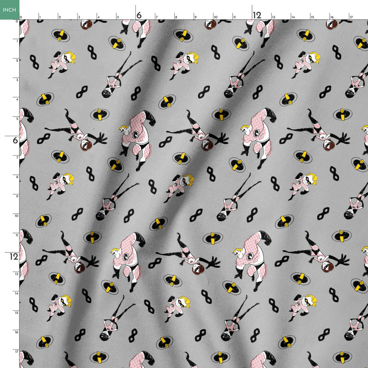 The Incredibles in black and white suits with yellow emblems scattered on gray background with masks springs ruler 18x18