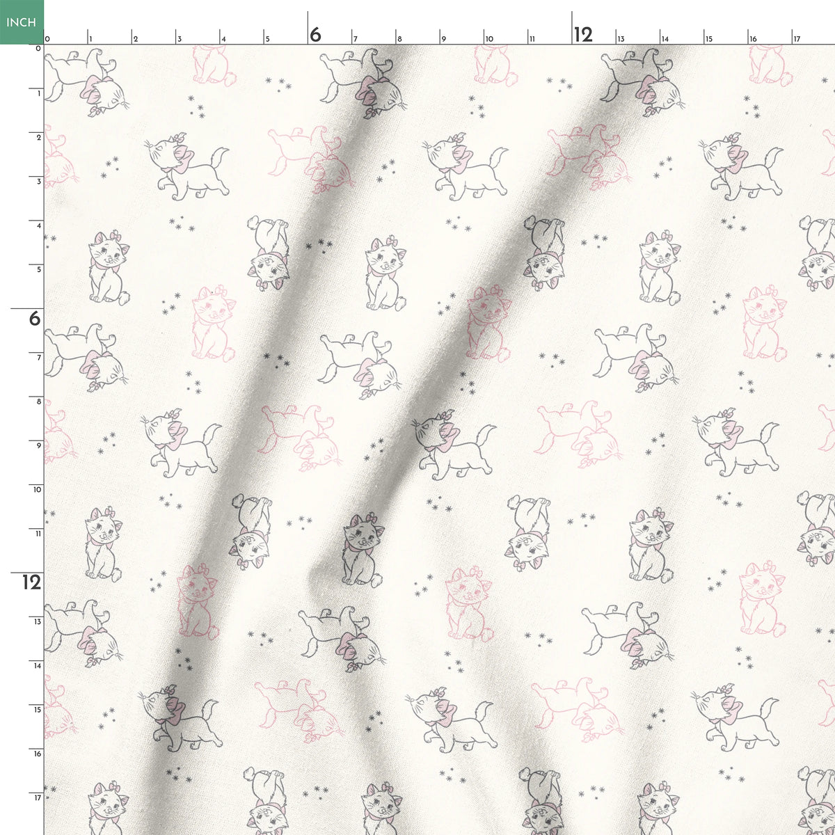 Line drawing pattern of Marie in pink and gray on cream background with small star accents springs ruler 18x18
