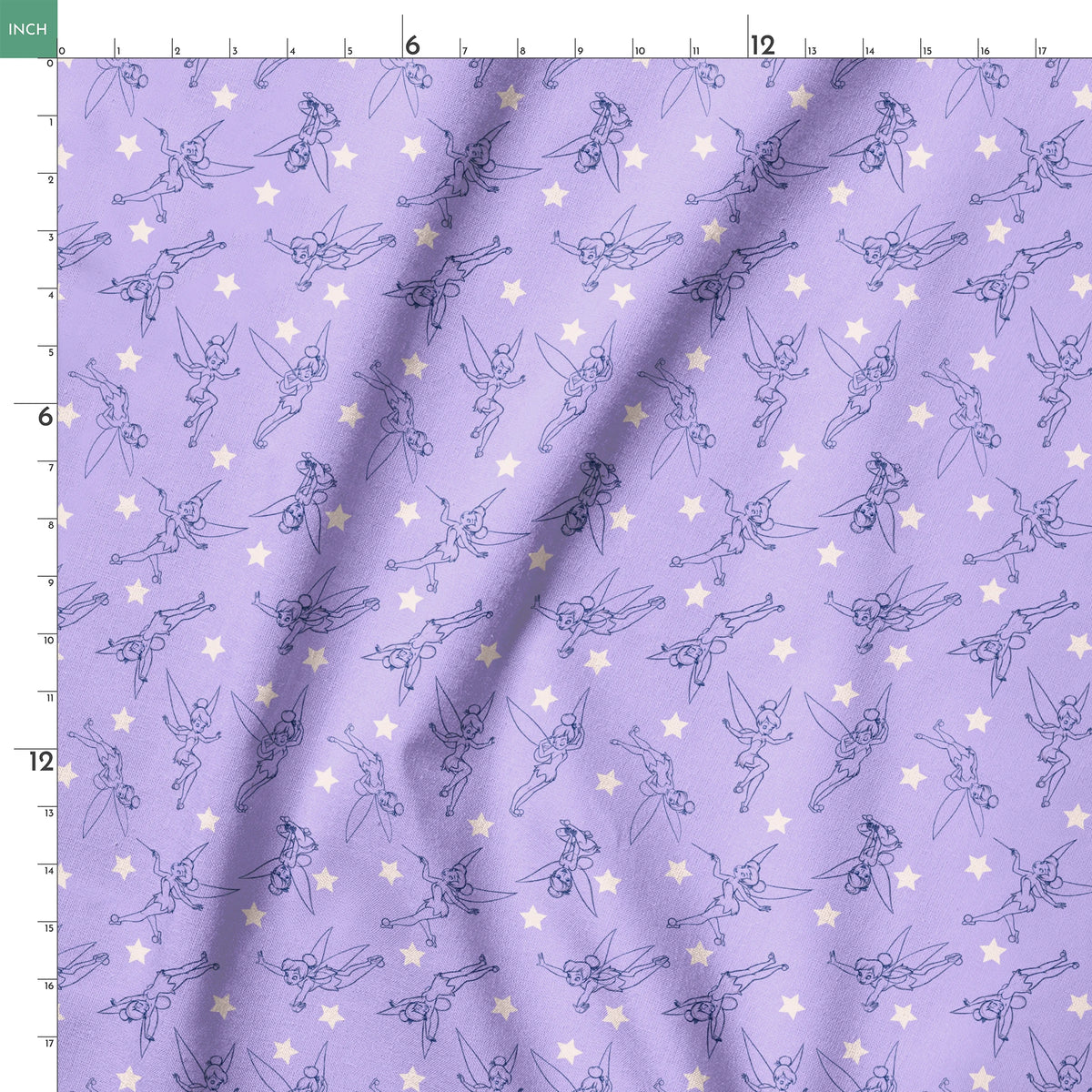 Tinker Bell dancing across a lavender purple background with white stars springs ruler 18x18