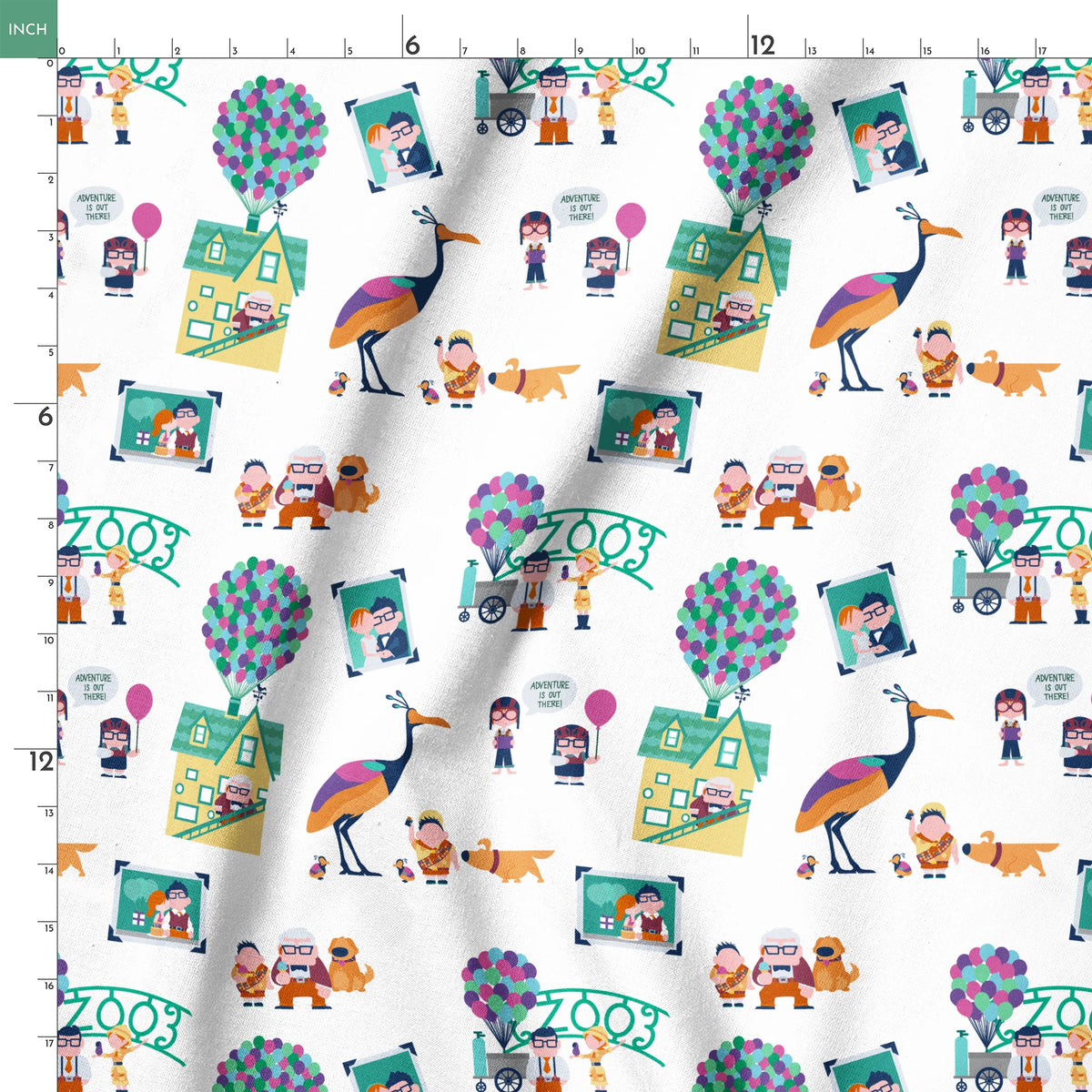Colorful illustrated Up-inspired zoo pattern with cartoon characters, houses with balloons, peacocks, and family portraits on white background. springs ruler 18x18