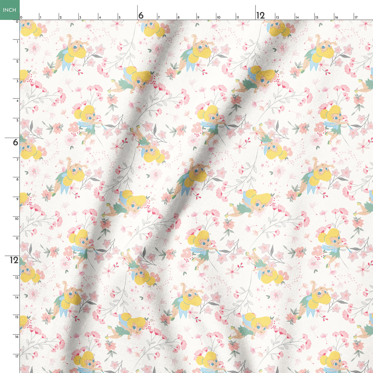 Whimsical pattern with Tinker Bell among pink flowers and green leaves on white background springs ruler 18x18