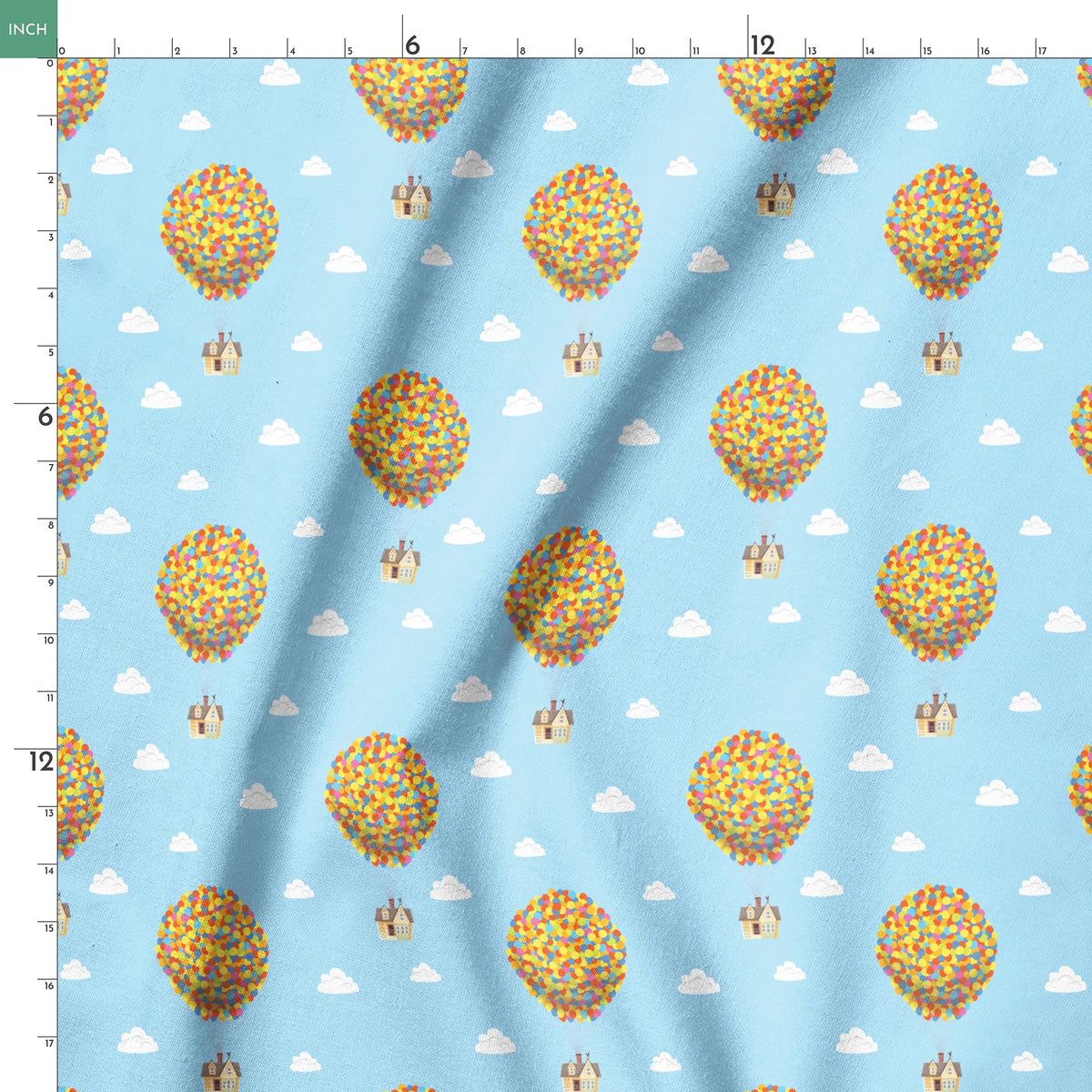 Repeating Up pattern of houses lifted by colorful balloon clusters against a light blue sky with white clouds springs ruler 18x18