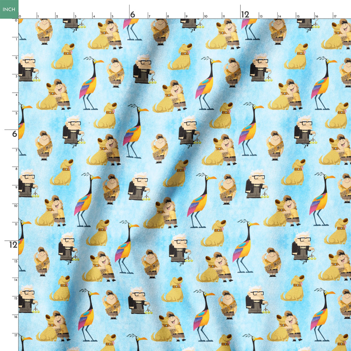Colorful Up-inspired pattern with cartoon characters including elderly man, explorer, golden dog, and tropical bird on light blue background springs ruler 18x18