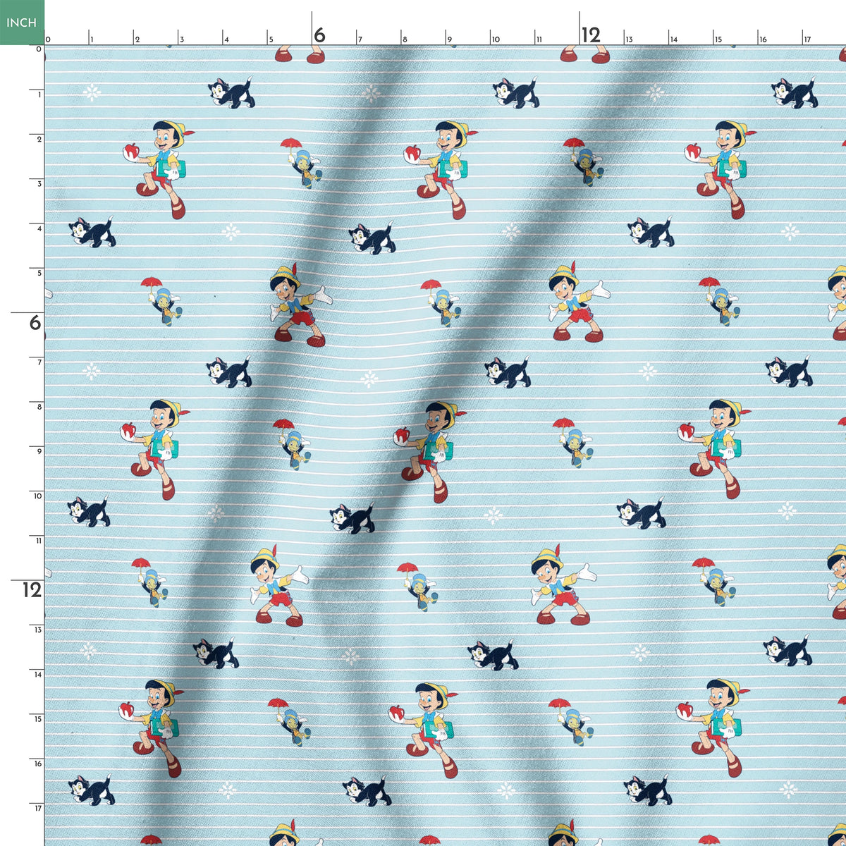 Cartoon pattern with boy character holding apple, black kittens, snowflakes on light blue striped background springs ruler 18x18