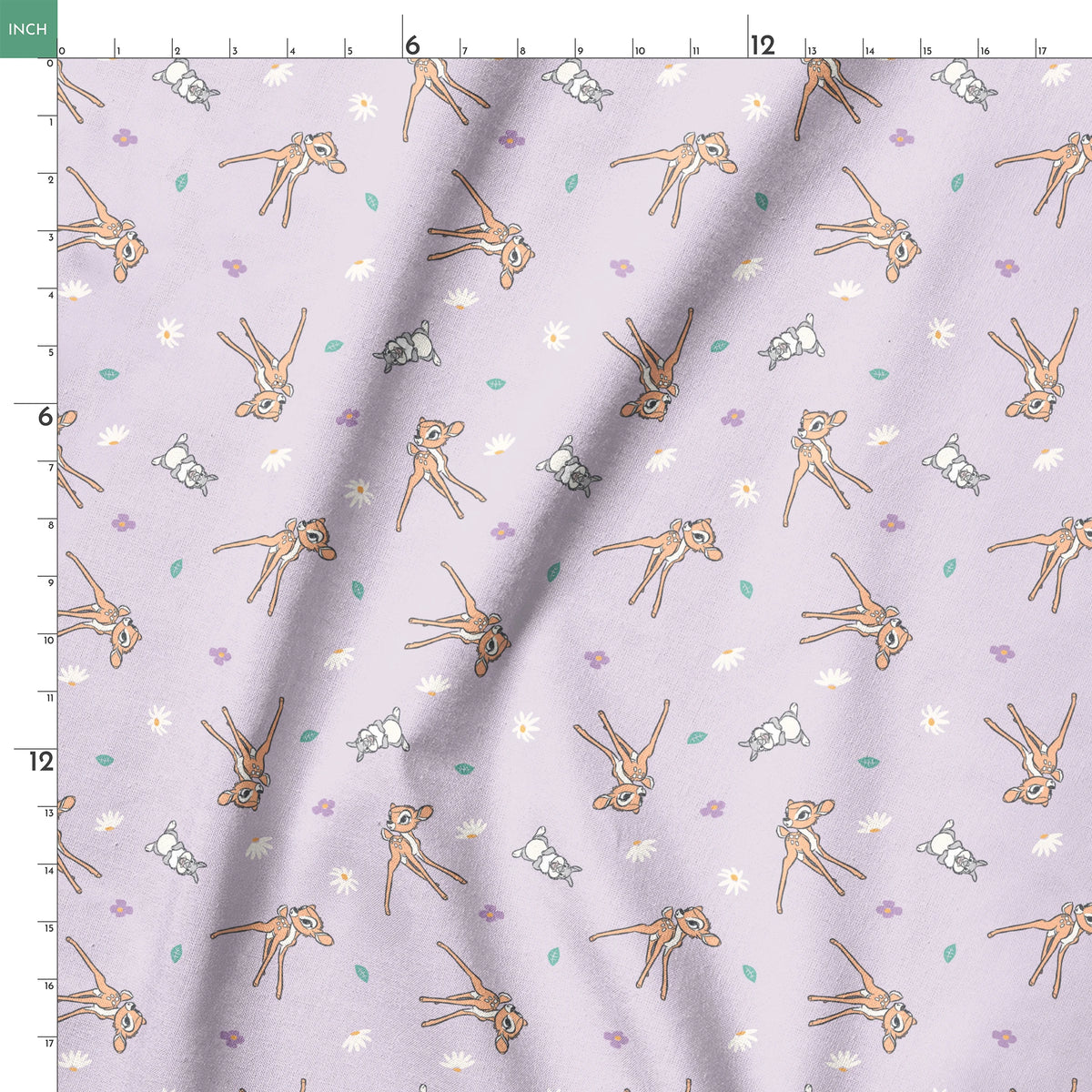 Seamless pattern of cartoon deer and bunnies with daisies and small flowers on lavender background springs ruler 18x18