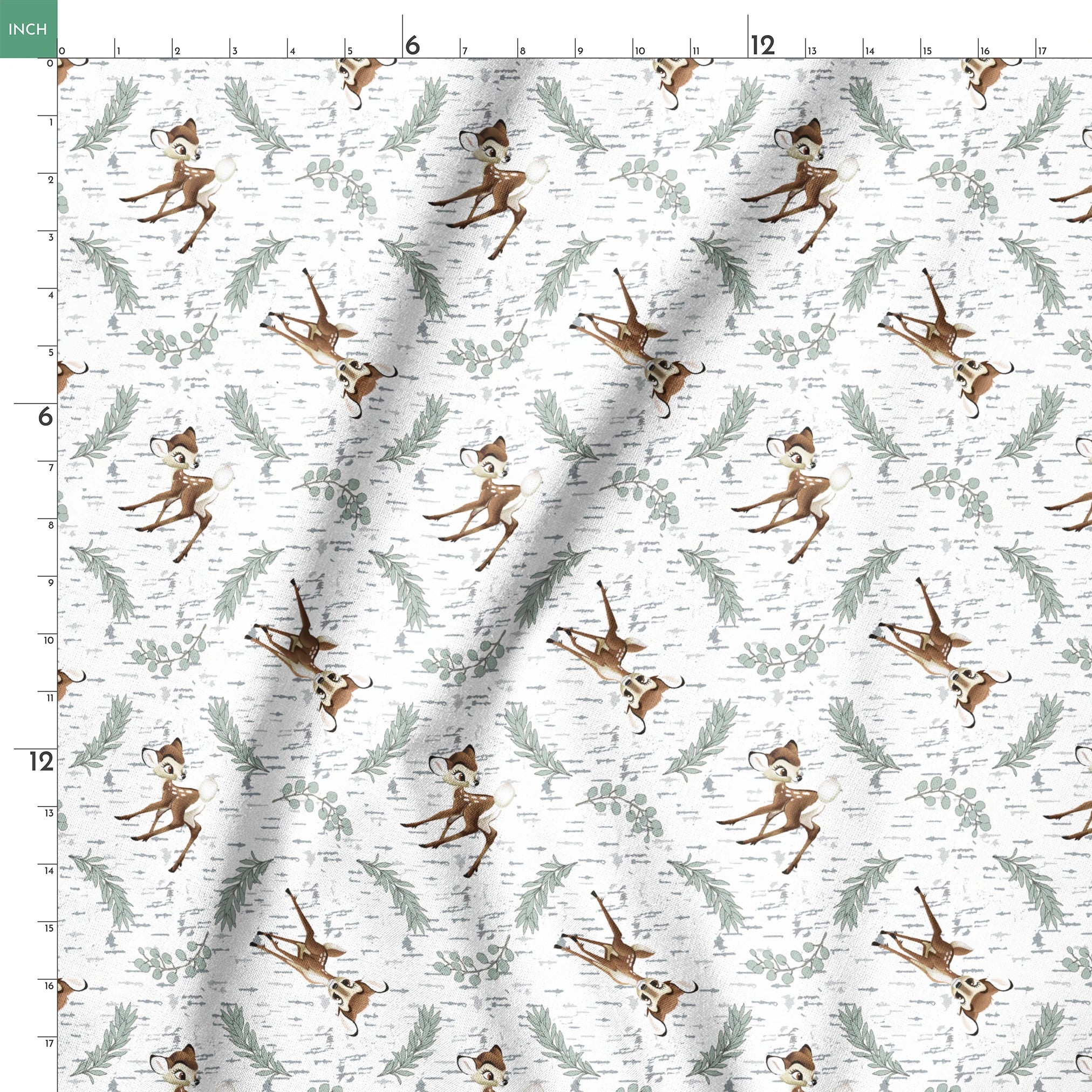 Disney’s Bambi surrounded by sage green sprigs, leafy branches, and birch bark textures on a white background in a woodland-themed scattered repeat. springs ruler 18x18