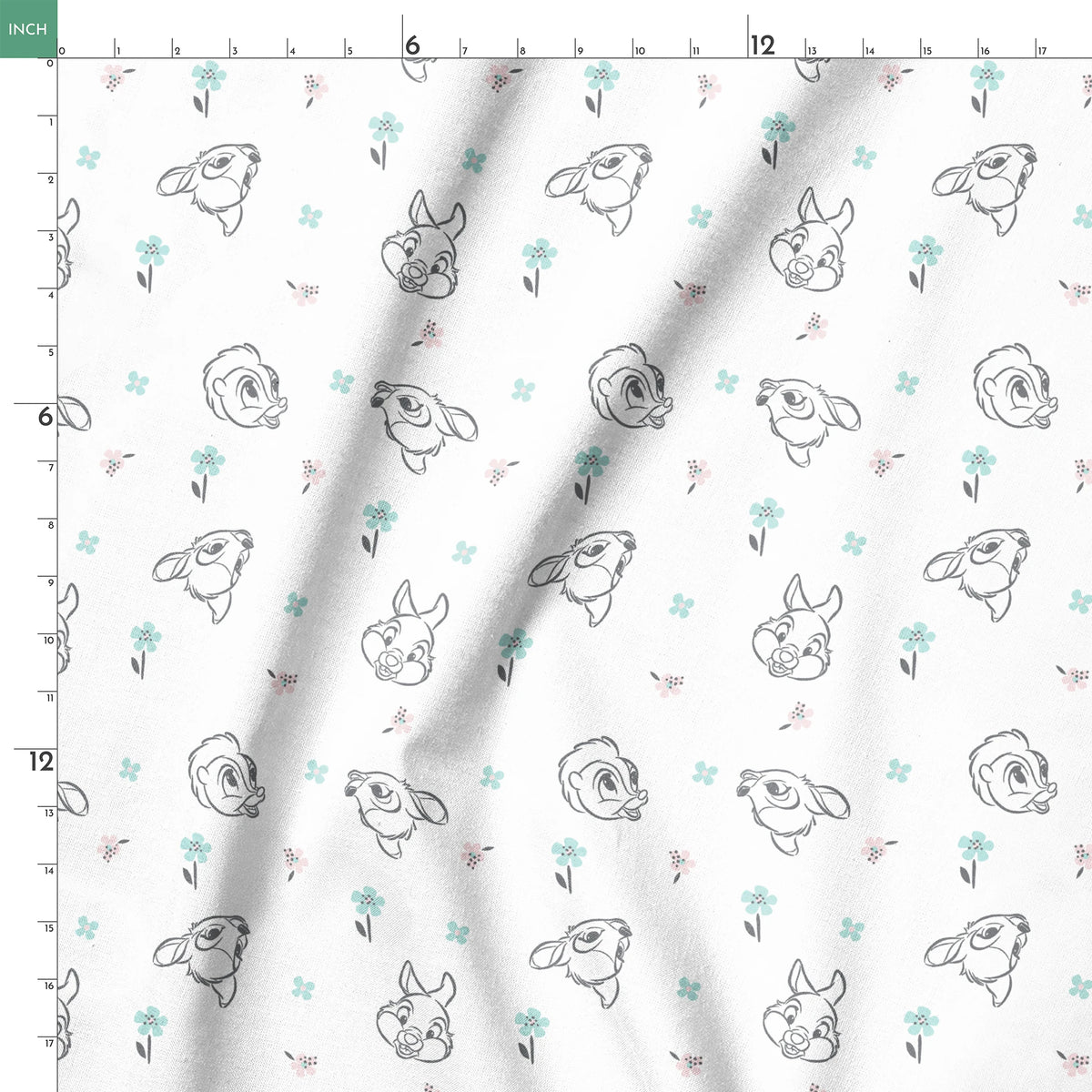 Sketch-style animals from Disney Bambi with pastel flowers on a white background. springs ruler 18x18