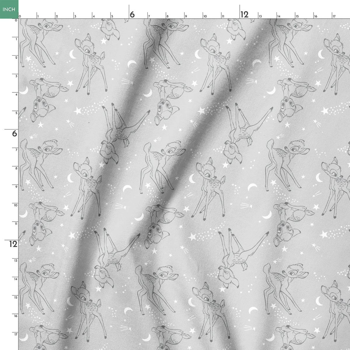 Line art illustrations of Disney’s Bambi surrounded by stars, moons, and stardust trails on a soft gray background in a scattered repeat. springs ruler 18x18