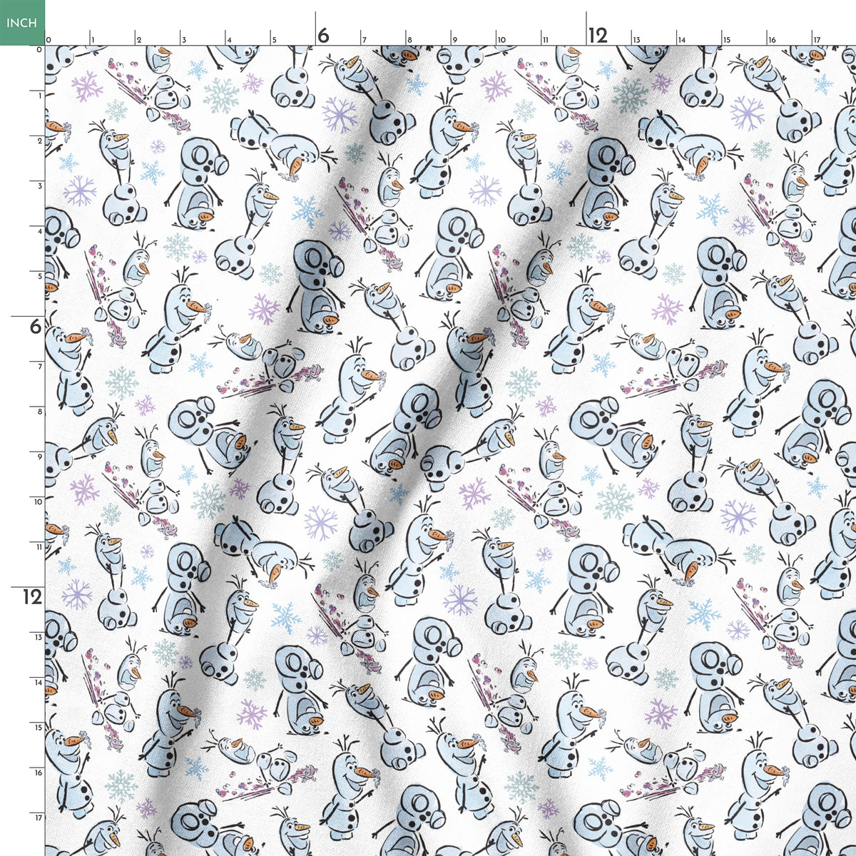 Disney Frozen Olaf with different happy expressions scattered on light blue background with snowflakes springs ruler 18x18