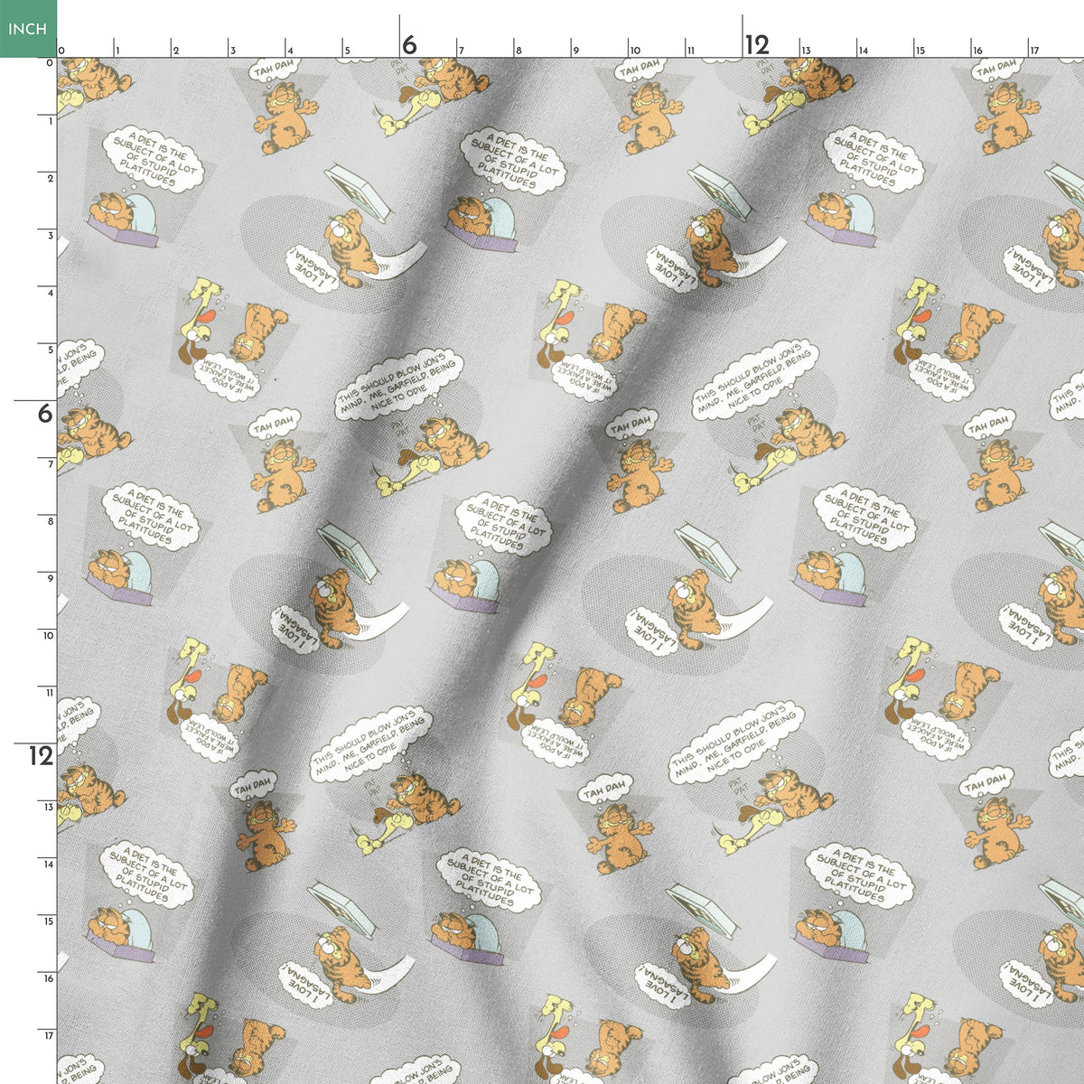 Cartoon Garfield pattern with various poses of the orange cat and speech bubbles on gray background springs ruler 18x18