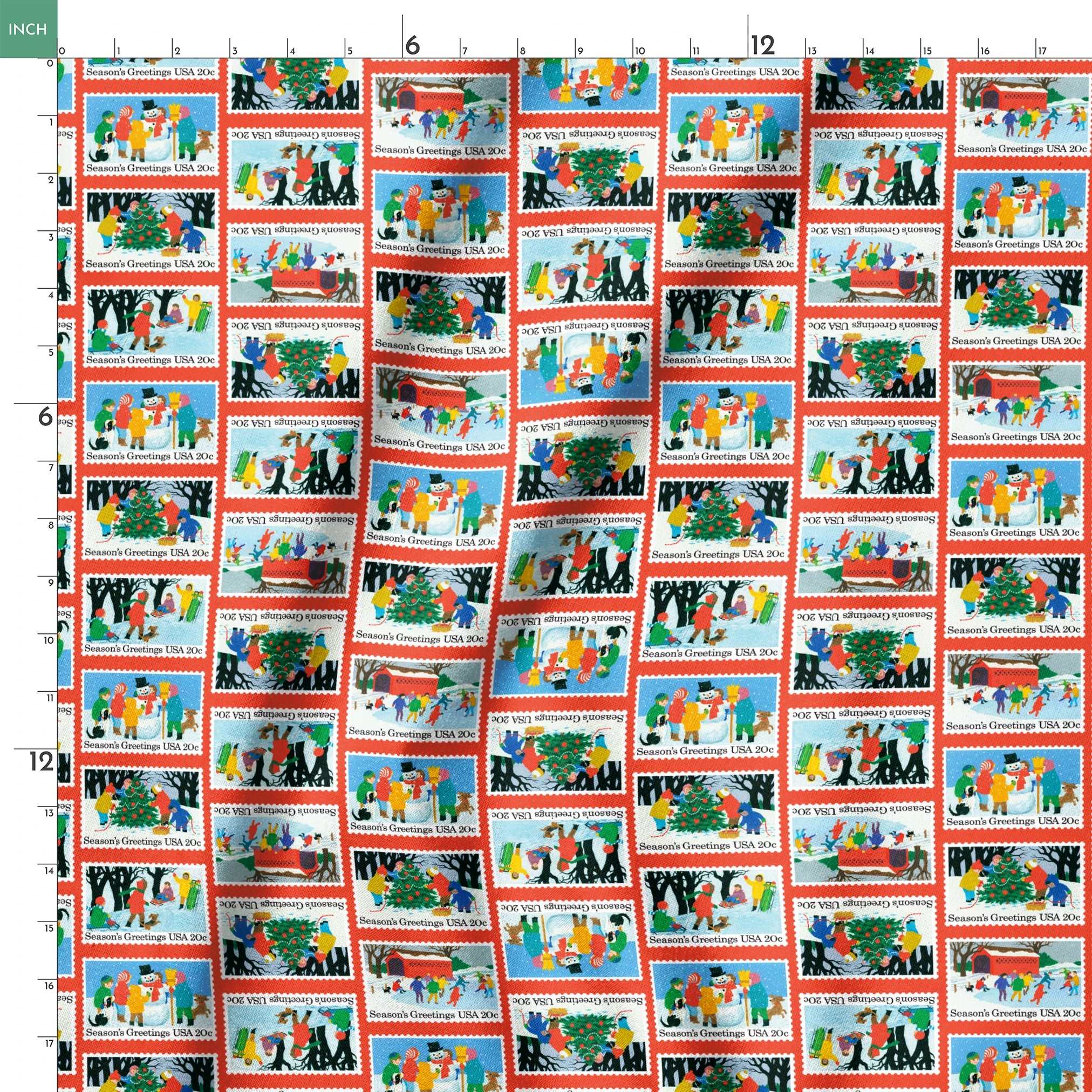 USPS Scenic Season's Greetings Stamps on Red Fabric