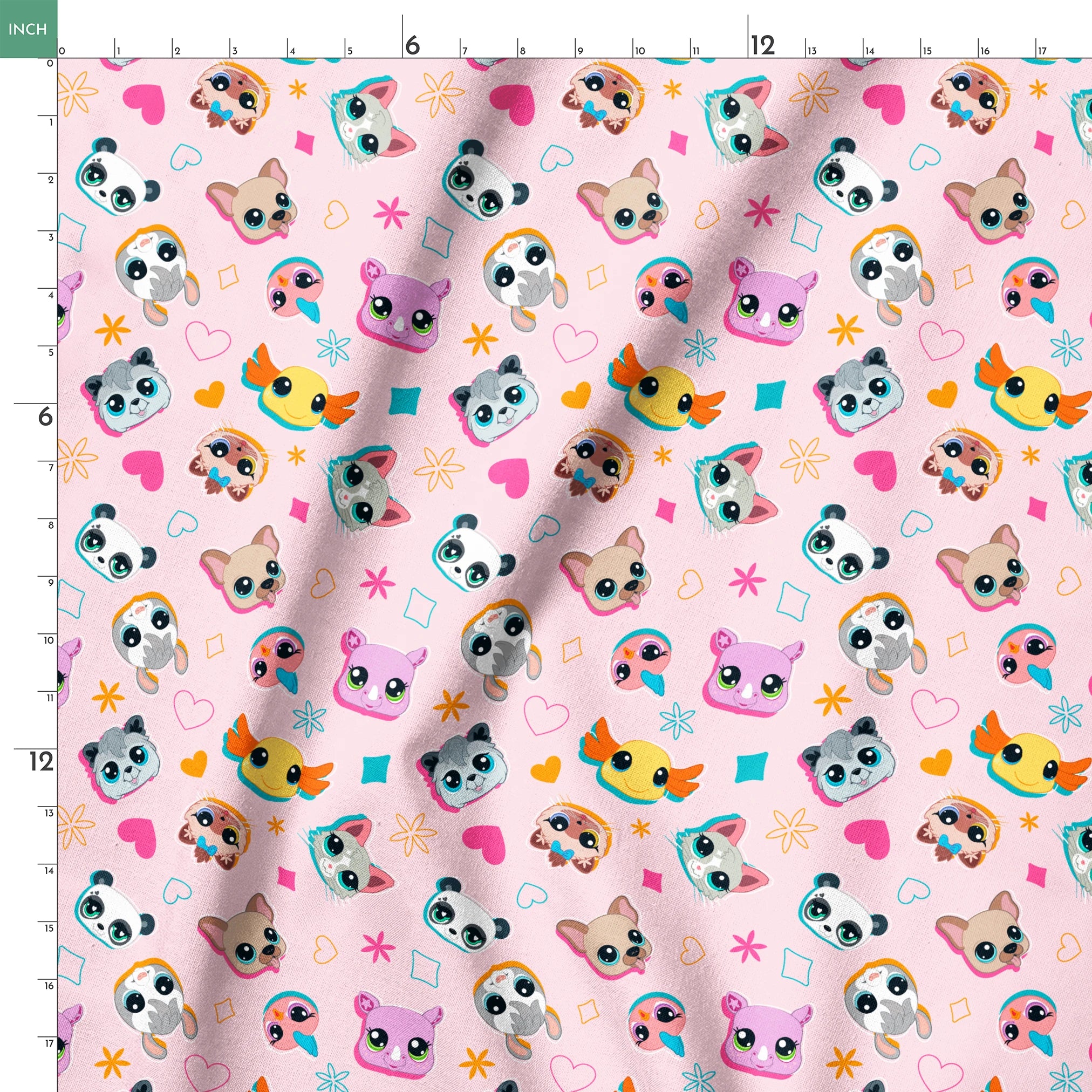 Hasbro Littliest Pet Shop Shapes and Faces on Petal Pink Fabric
