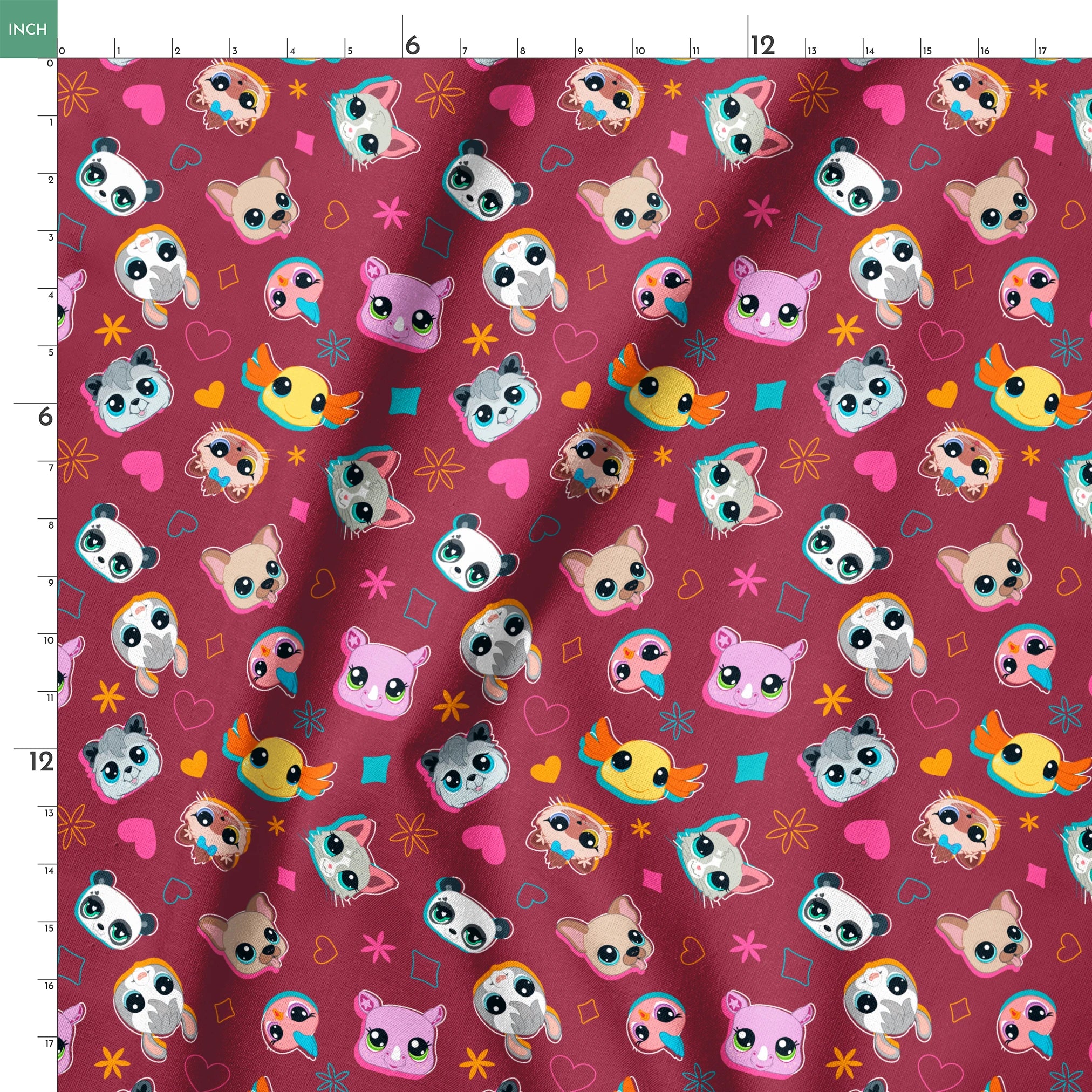Hasbro Littliest Pet Shop Shapes and Faces on Burgundy Fabric