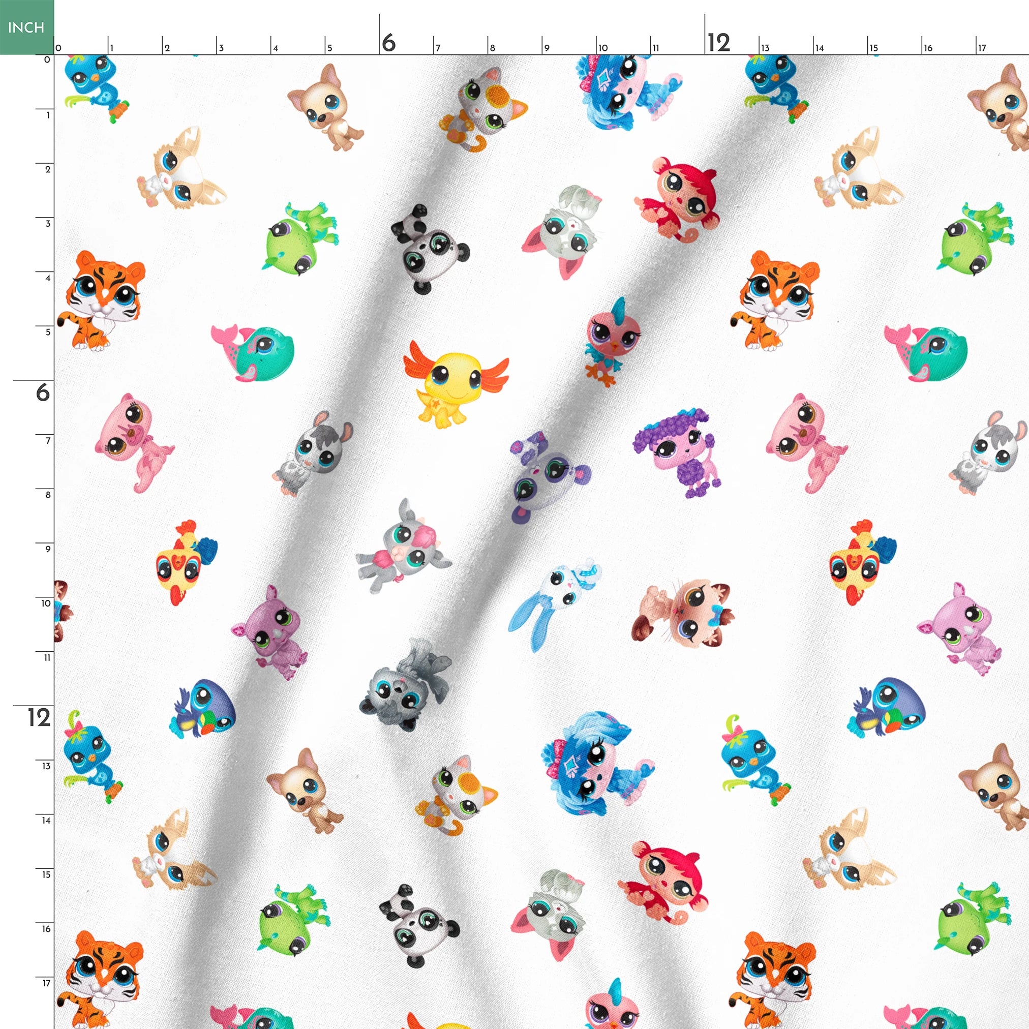 Hasbro Littliest Pet Shop Character Collage on White Fabric