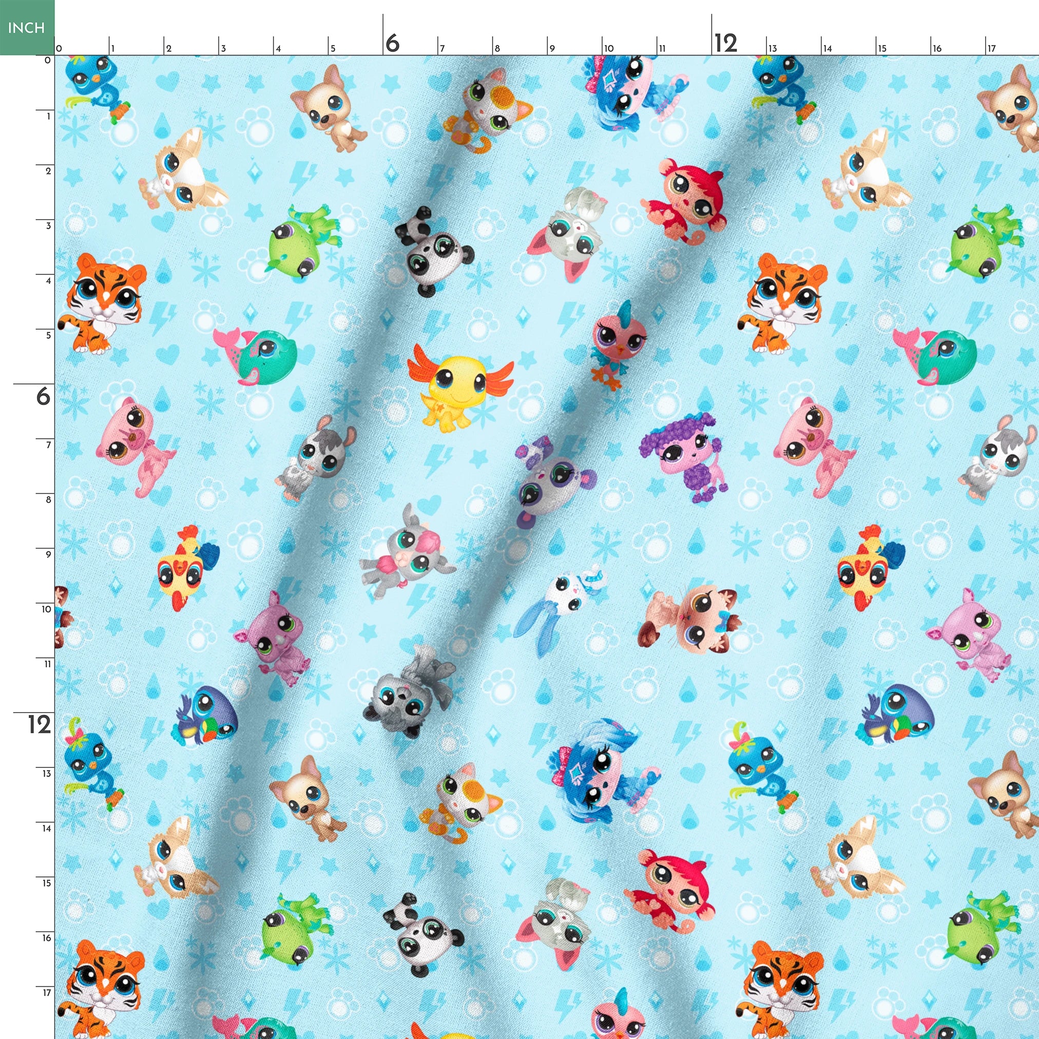 Hasbro Littliest Pet Shop Character Collage on Blue Fabric