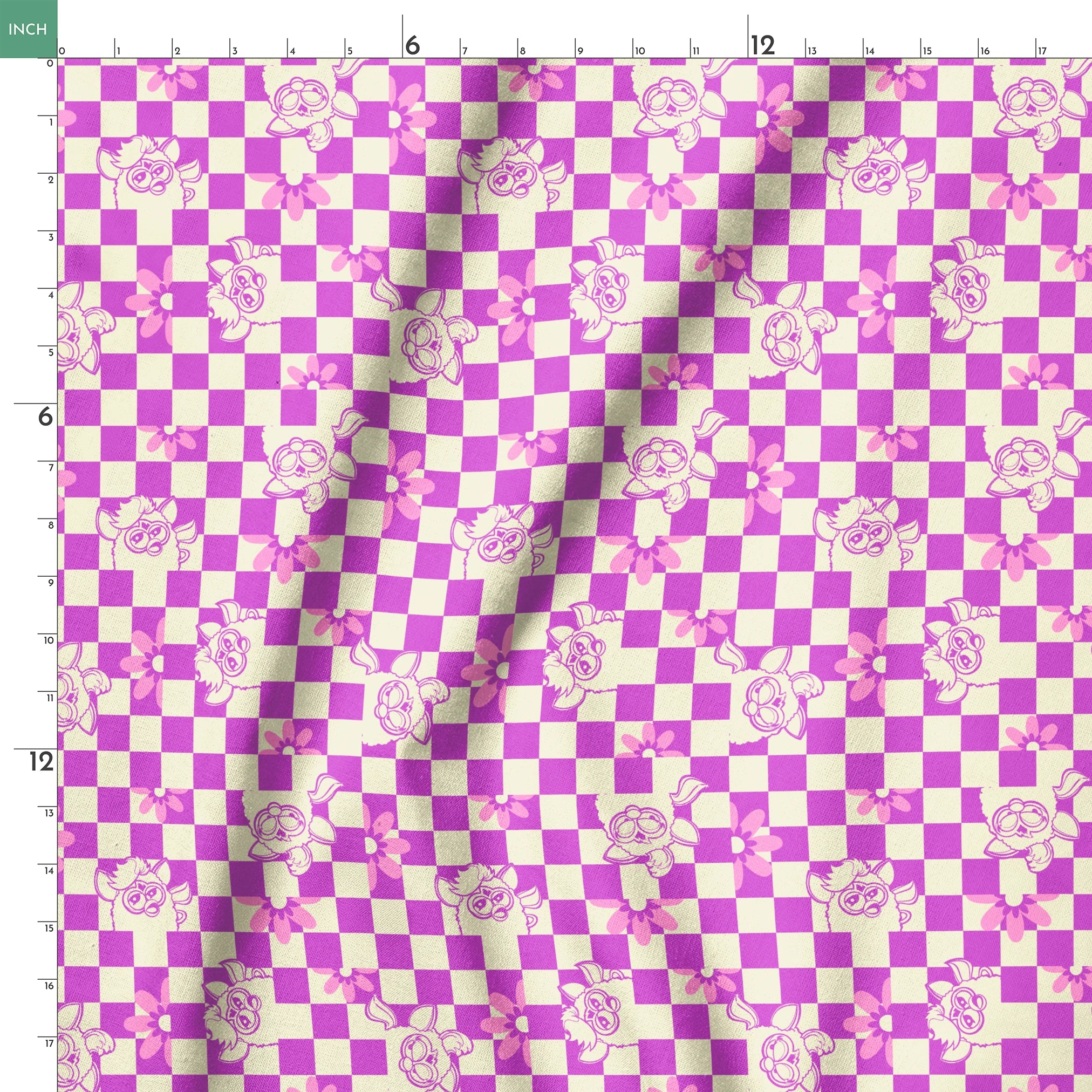 Hasbro Furby Checkered Flowers on Purple Fabric