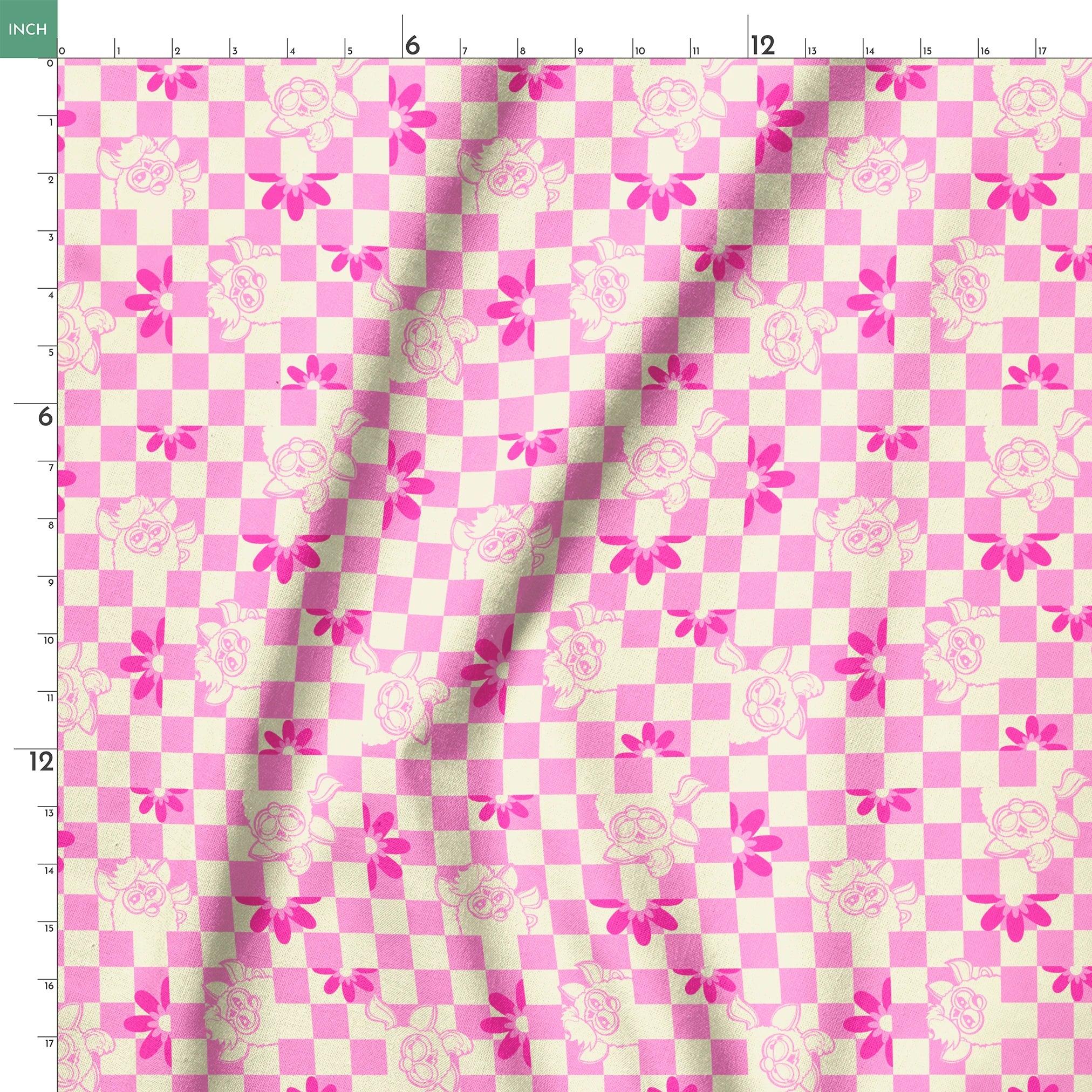 Hasbro Furby Checkered Flowers on Pink Fabric
