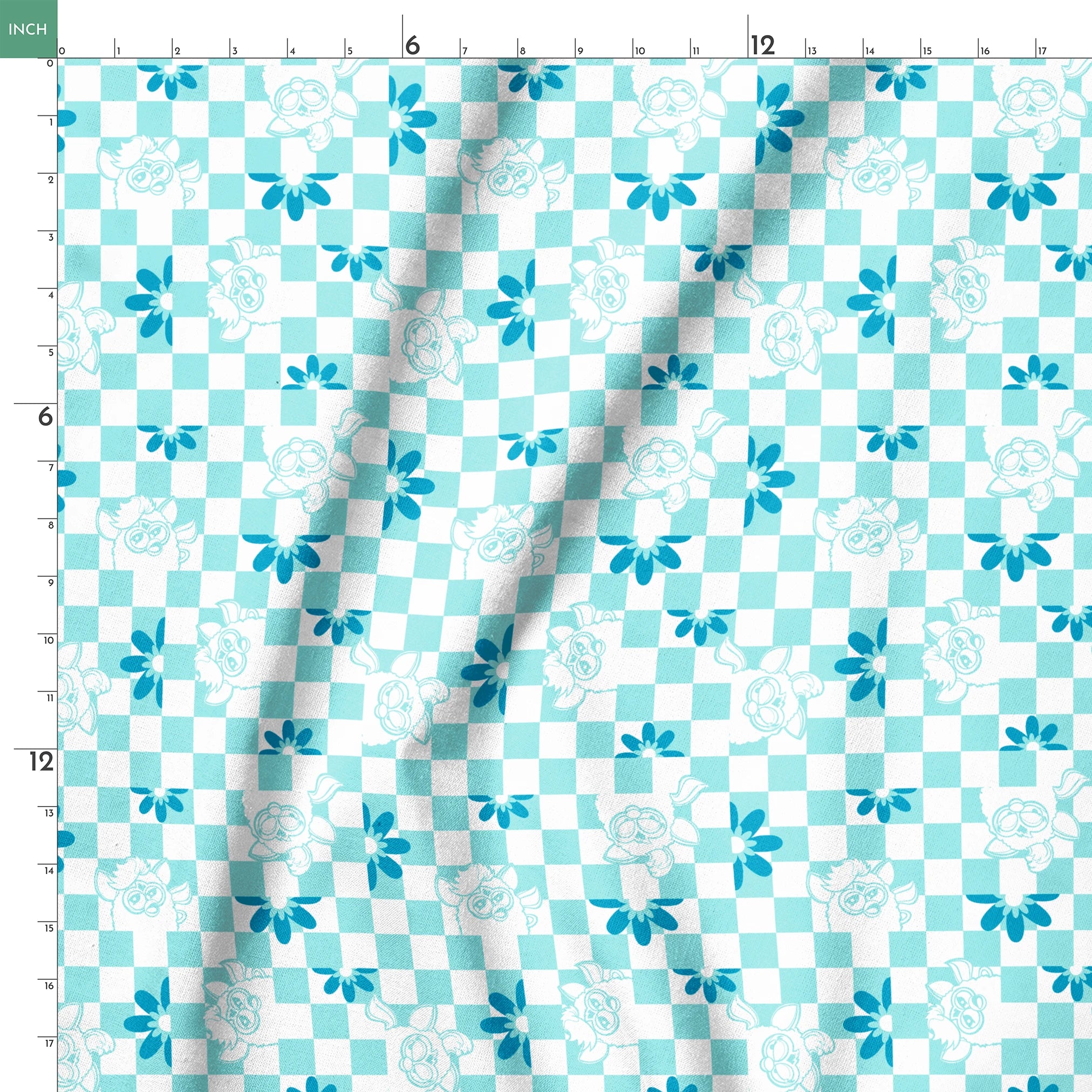 Hasbro Furby Checkered Flowers on Blue Fabric