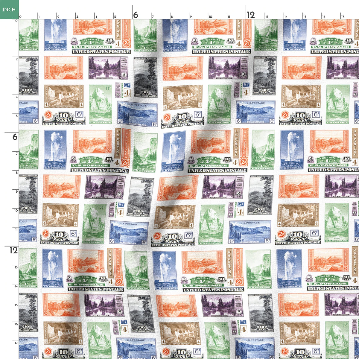 USPS National Park Stamps on White Fabric