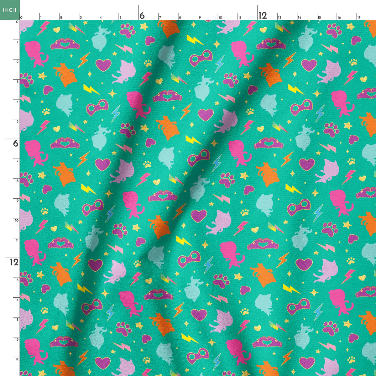 Disney Jr's. SuperKitties Pawsome Characters on Green Fabric