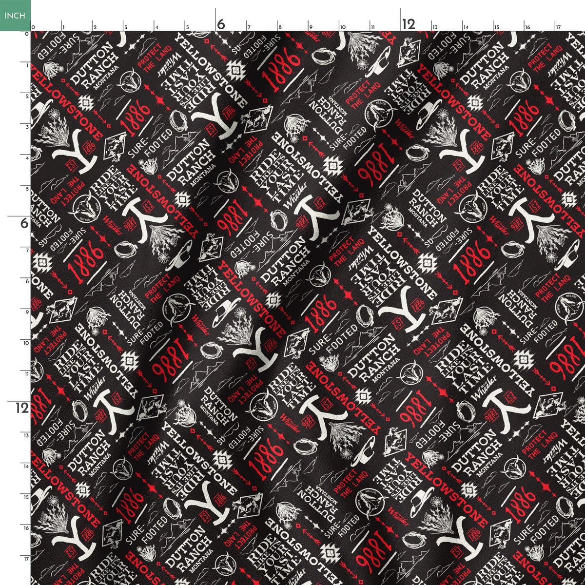 Paramount Yellowstone Verbiage Collage on Black Fabric