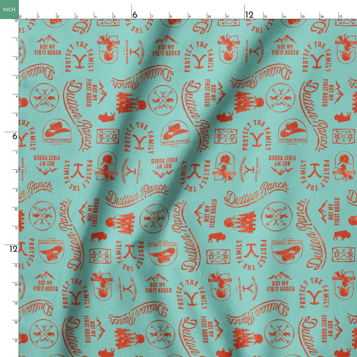 Paramount Yellowstone Dutton Ranch Icons on Aqua Fabric