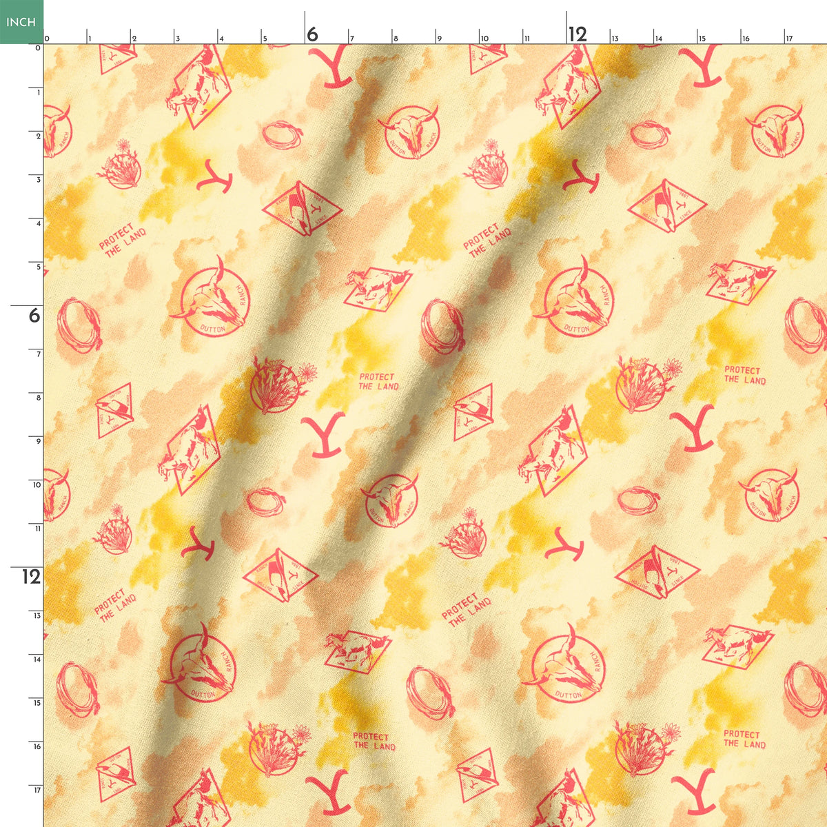 Paramount Yellowstone Icons in the Clouds on Sunset Yellow Fabric