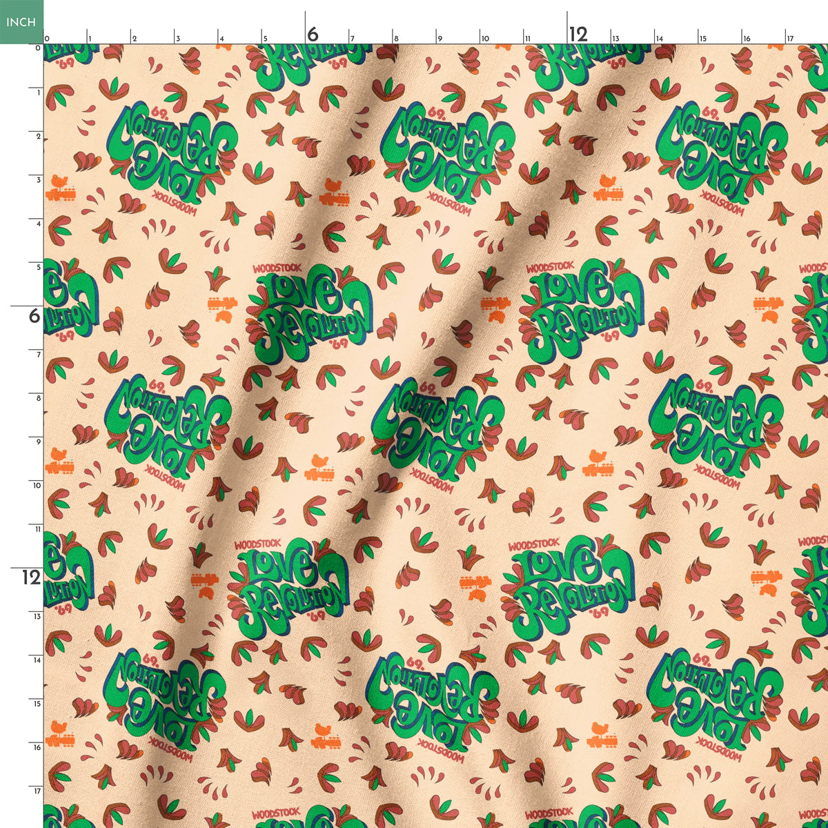 Woodstock Love Revolution on Tan Fabric