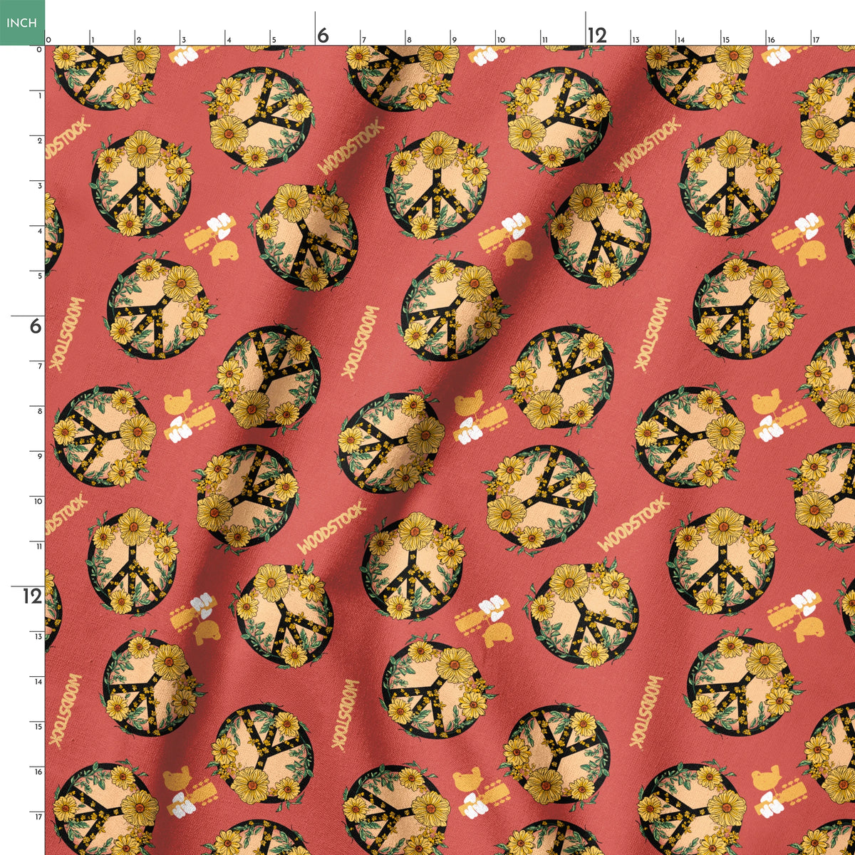 Woodstock Floral Peace Signs on Rust Fabric
