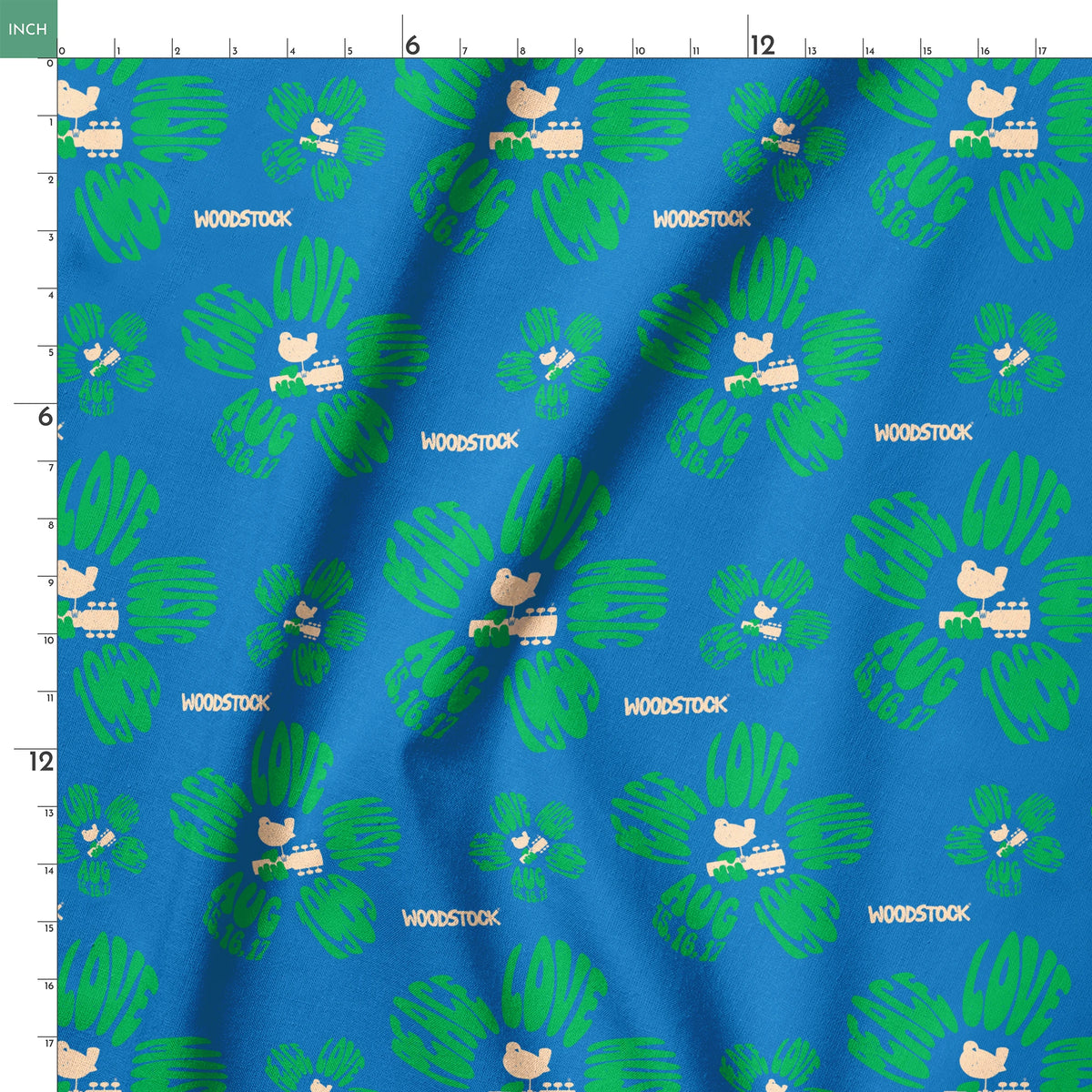Woodstock Peace, Love, Music Florals on Blue Fabric
