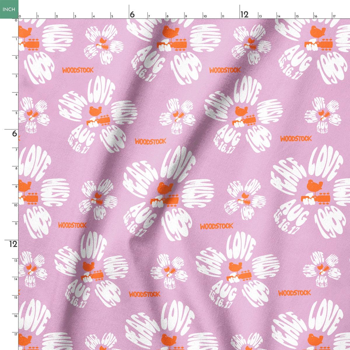 Woodstock Peace, Love, Music Florals on Lavender Fabric