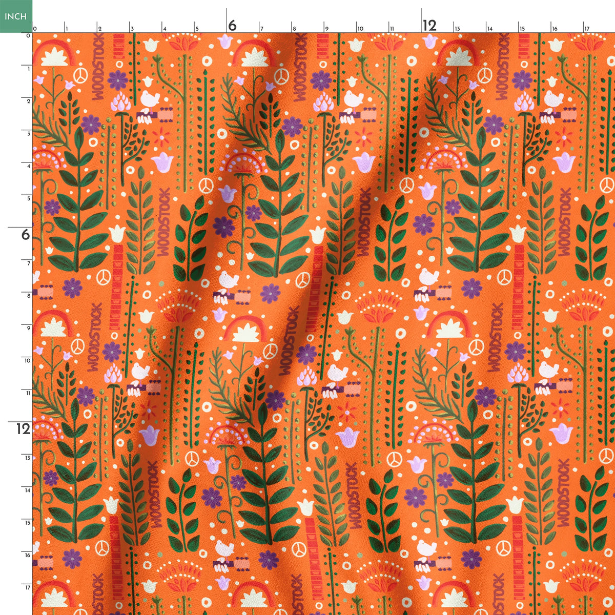 Woodstock Retro Greenery on Orange Fabric