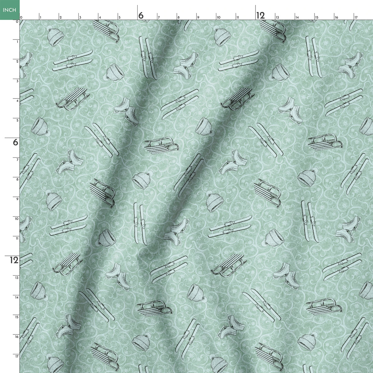 Saturday Evening Post Vintage Winter Fun on Light Green Fabric