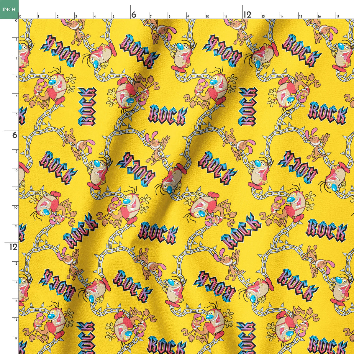 Ren & Stimpy Chained to Rock on Yellow Fabric