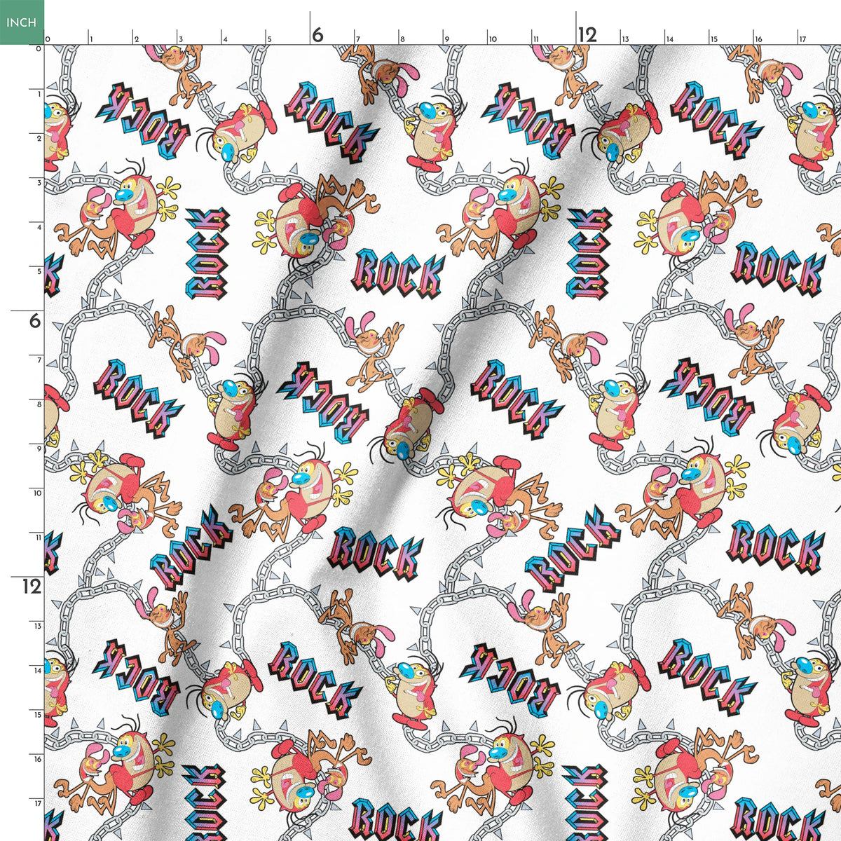 Ren & Stimpy Chained to Rock on White Fabric
