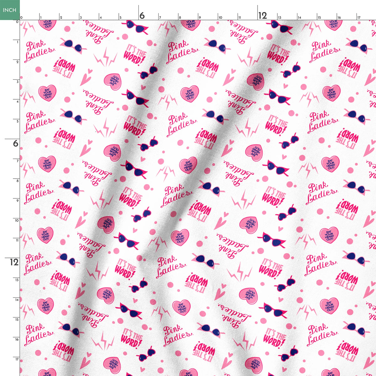 Paramount Grease Retro Pink Ladies Icons on White Fabric