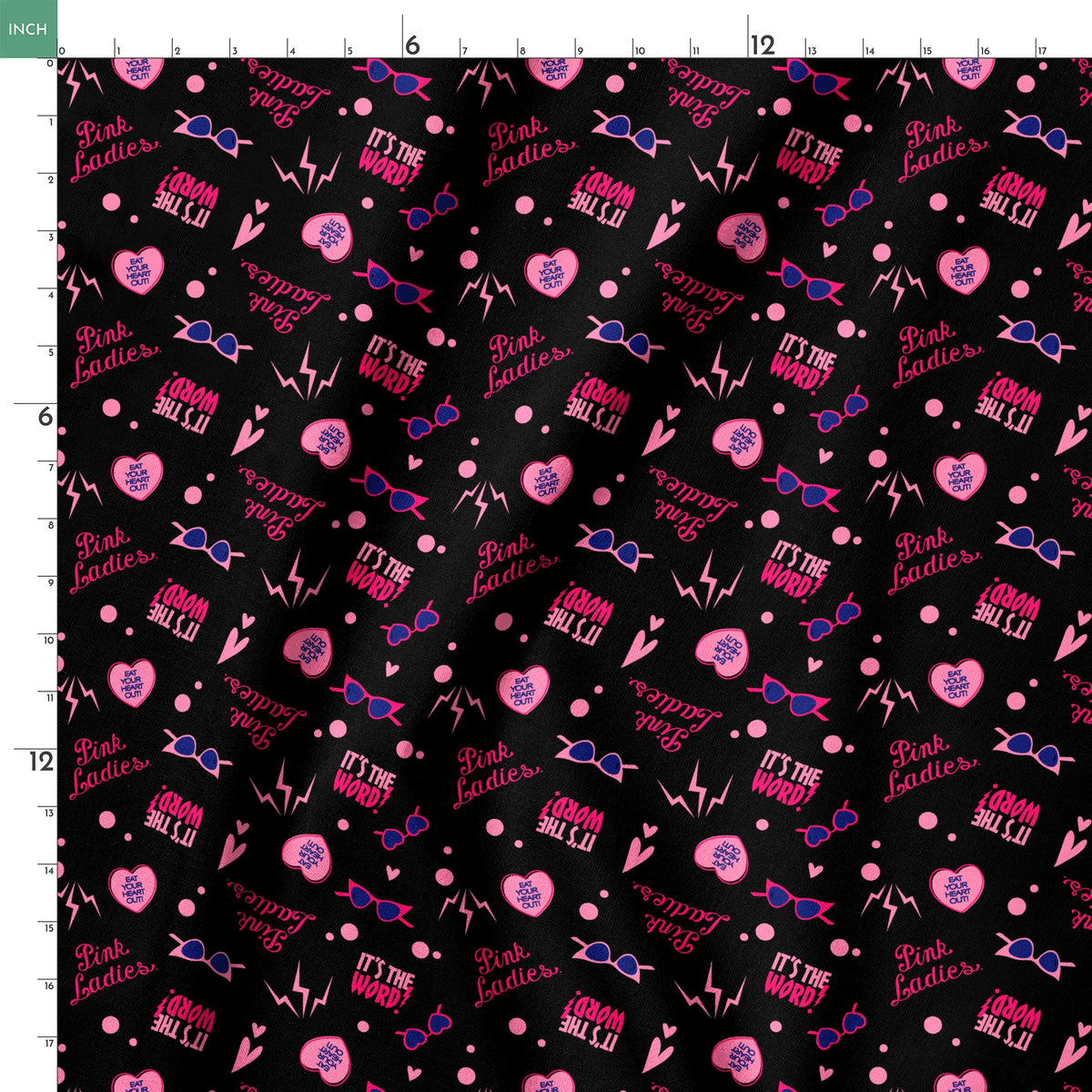 Paramount Grease Retro Pink Ladies Icons on Black Fabric