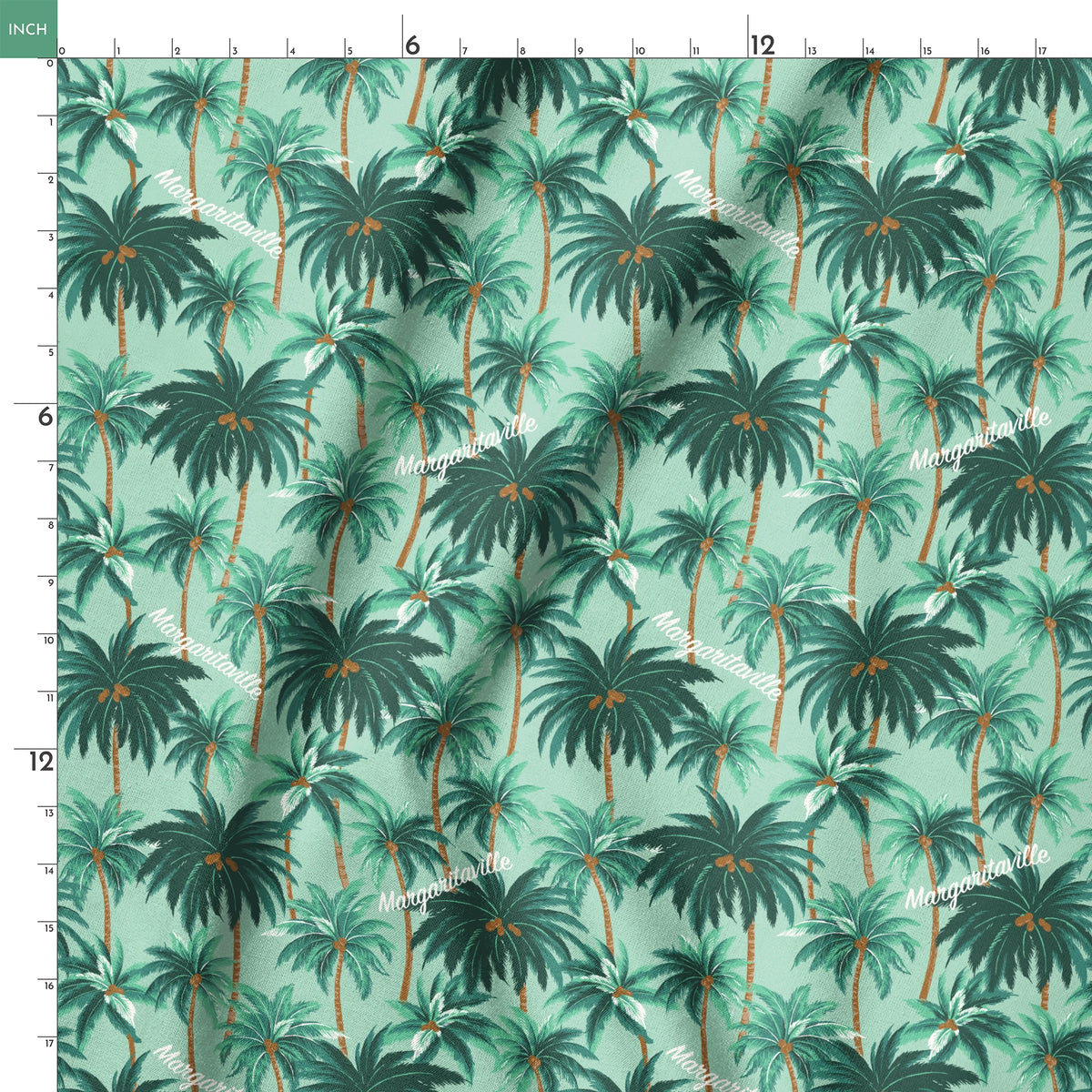 Margaritaville palm tree pattern on mint green background, tropical design with repeated dark green palms