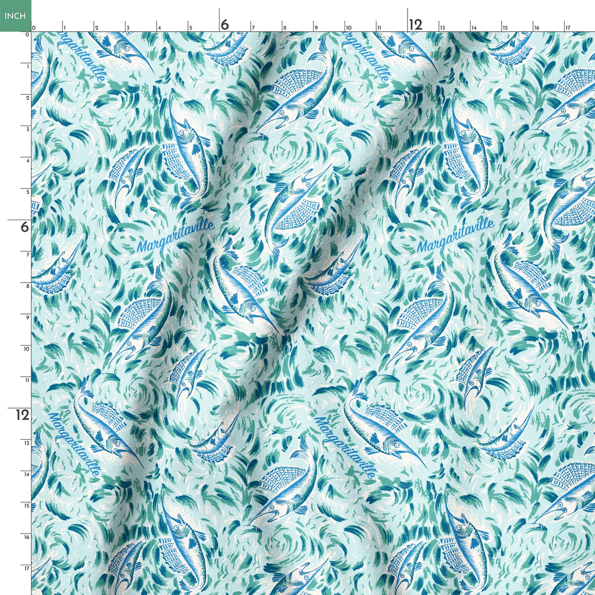 Abstract Margaritaville marbled pattern in teal, blue and white with swirling floral motifs and delicate wave-like designs