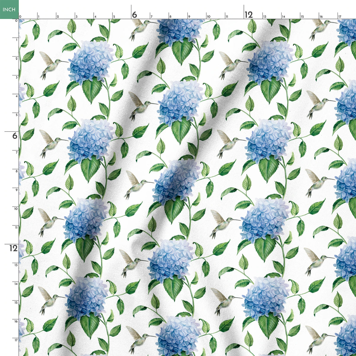 Danielle Murray Hydrangeas and Hummingbirds on White Fabric