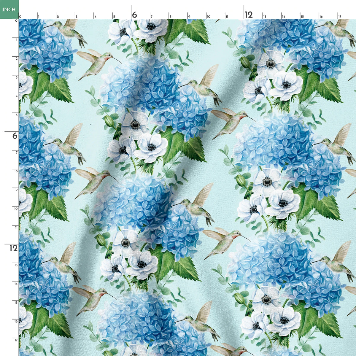 Danielle Murray Hydrangeas and Hummingbirds on Blue Fabric