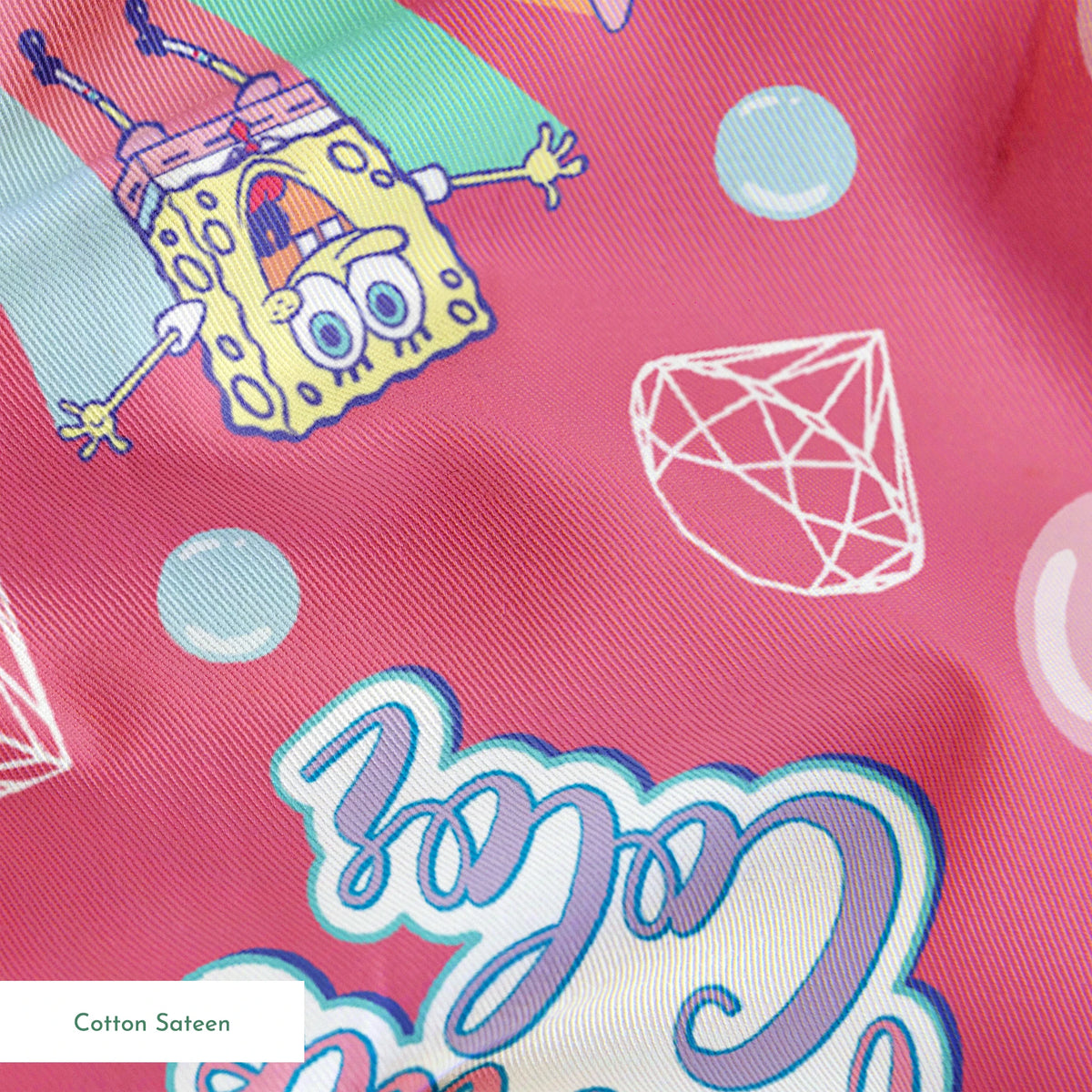 Patrick Star floats among pastel rainbows, bubbles, and gems on a pink background with the phrase “Rainbow is my favorite color” in a SpongeBob design springs sateen texture