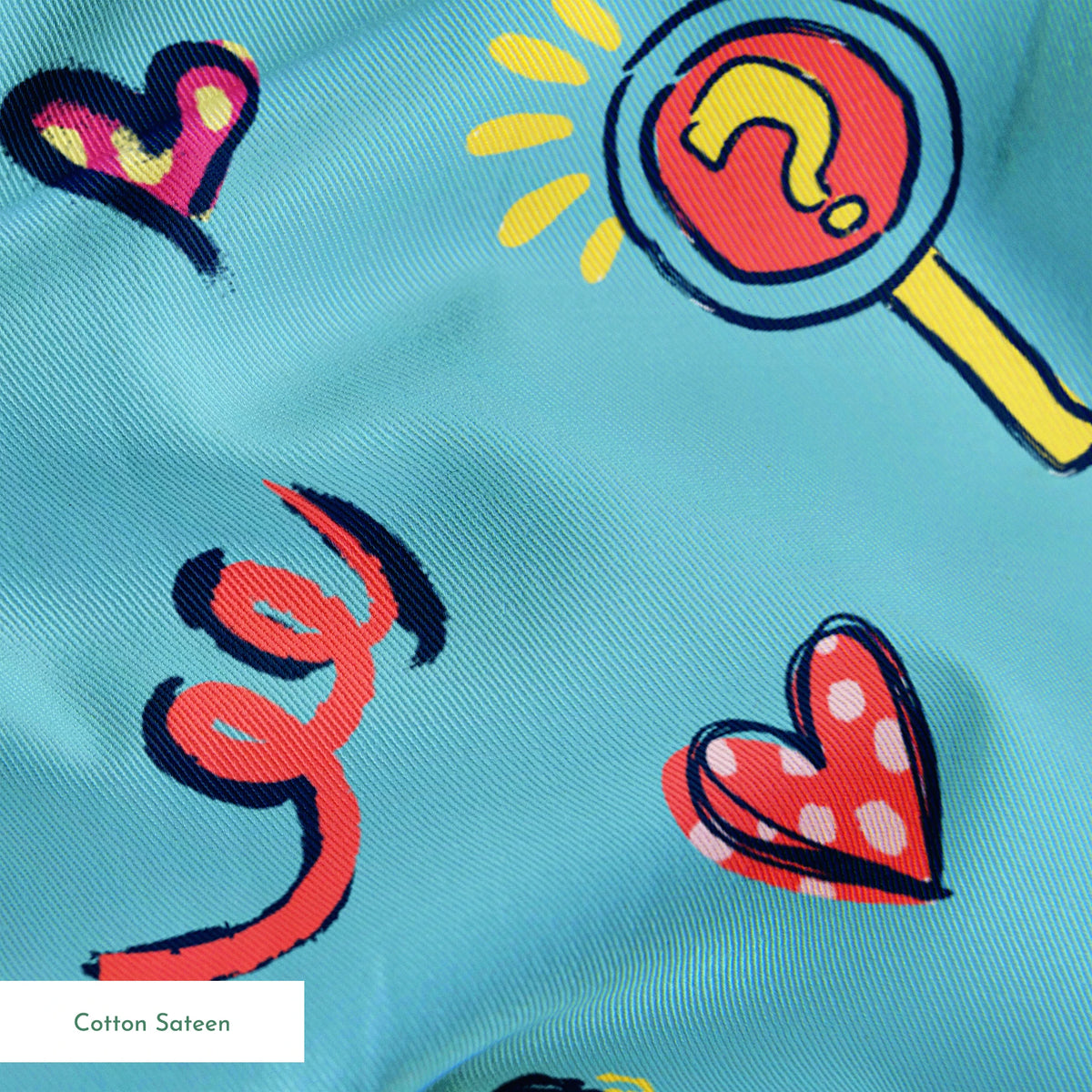 Blue’s Clues doodle-style pattern featuring paw prints, a crayon, spiral notebook, hearts, and magnifying glass on a light blue background. springs sateen texture