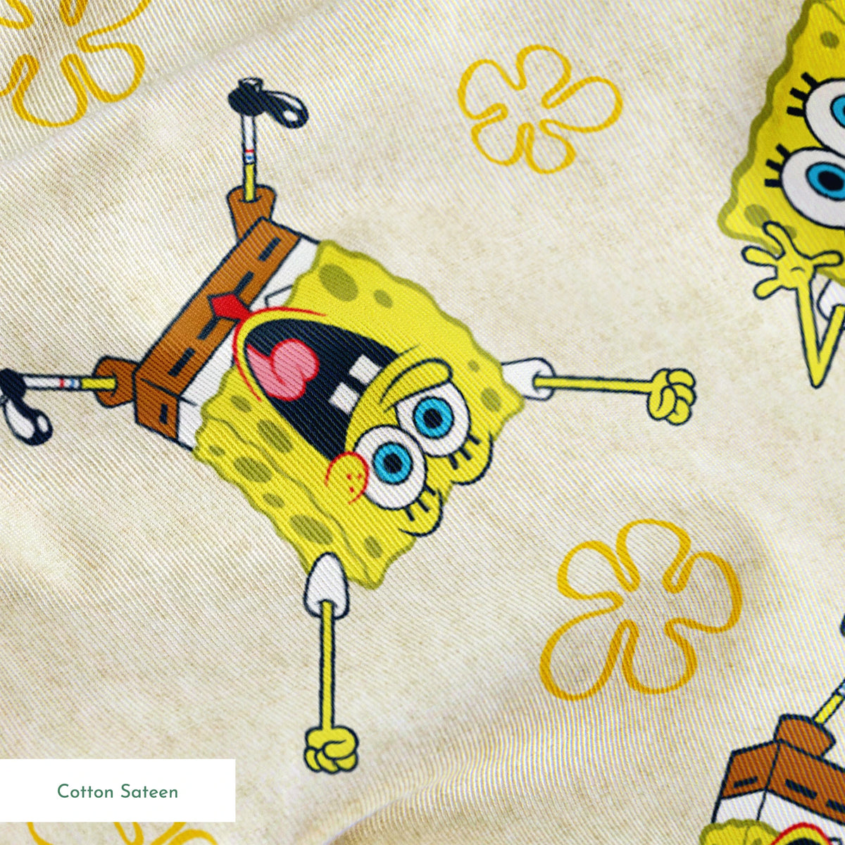 Repeating pattern of SpongeBob SquarePants characters on light yellow background with yellow flowers springs sateen texture