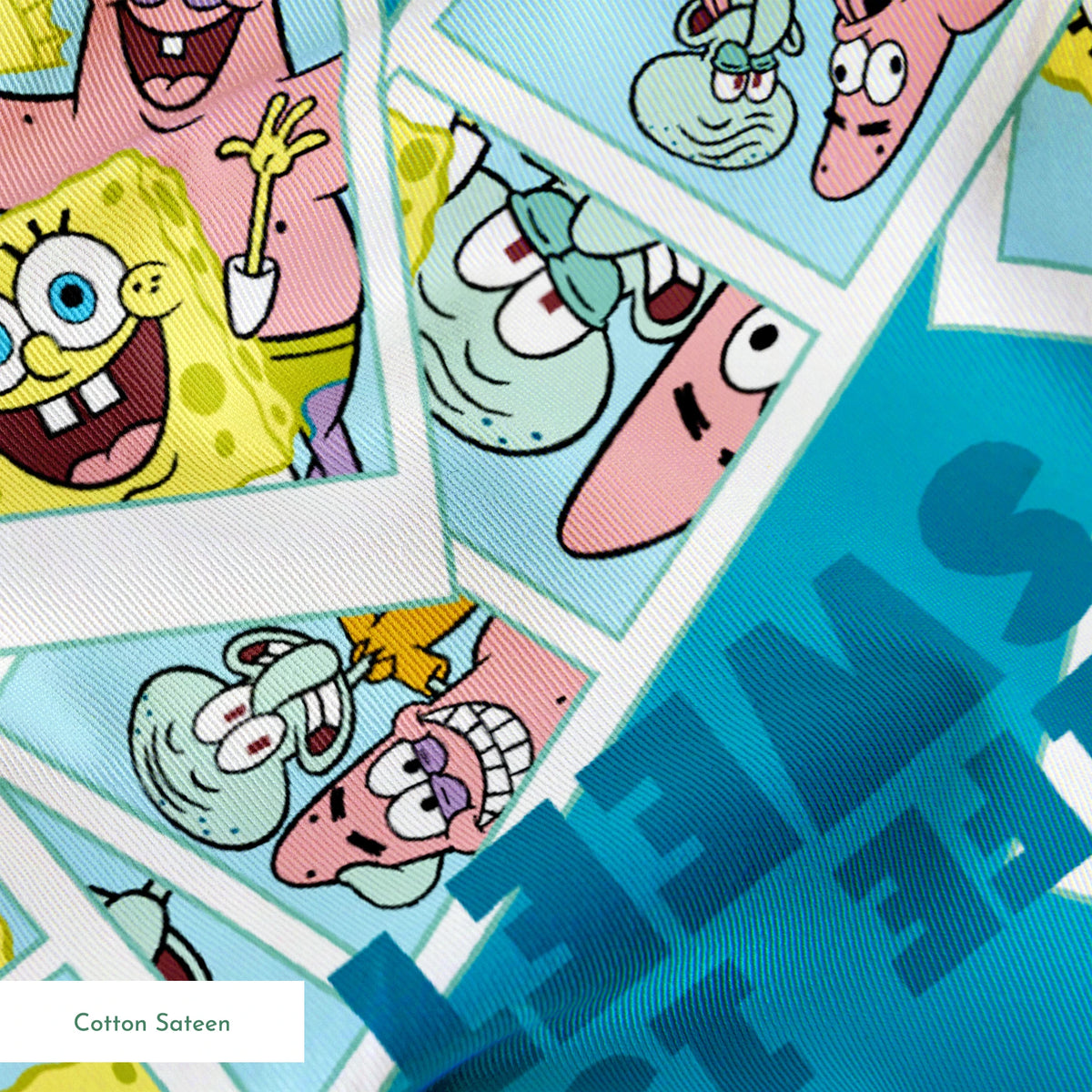 Photobooth-style SpongeBob SquarePants design featuring cartoon snapshots of SpongeBob, Patrick, and Squidward with “Life is Sweet” text on a blue background. springs sateen texture