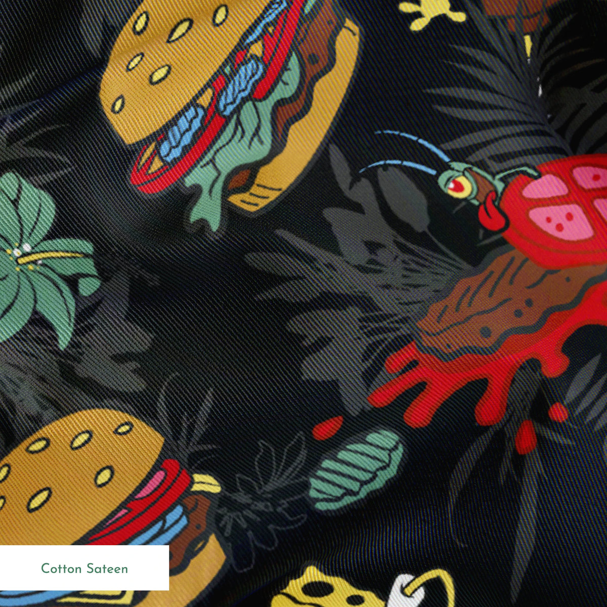 SpongeBob, Plankton, and Krabby Patties with tropical leaves and flowers on a black background in a bold character-themed design. springs sateen texture