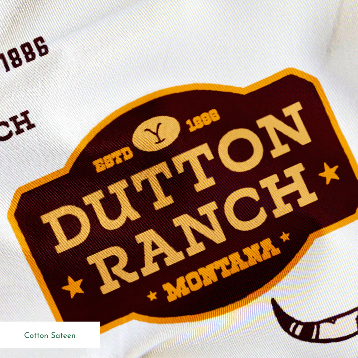 Western patch-style design featuring Dutton Ranch and Yellowstone badges in rustic tones. Great for quilting, crafts, and cowboy-inspired decor. springs sateen texture