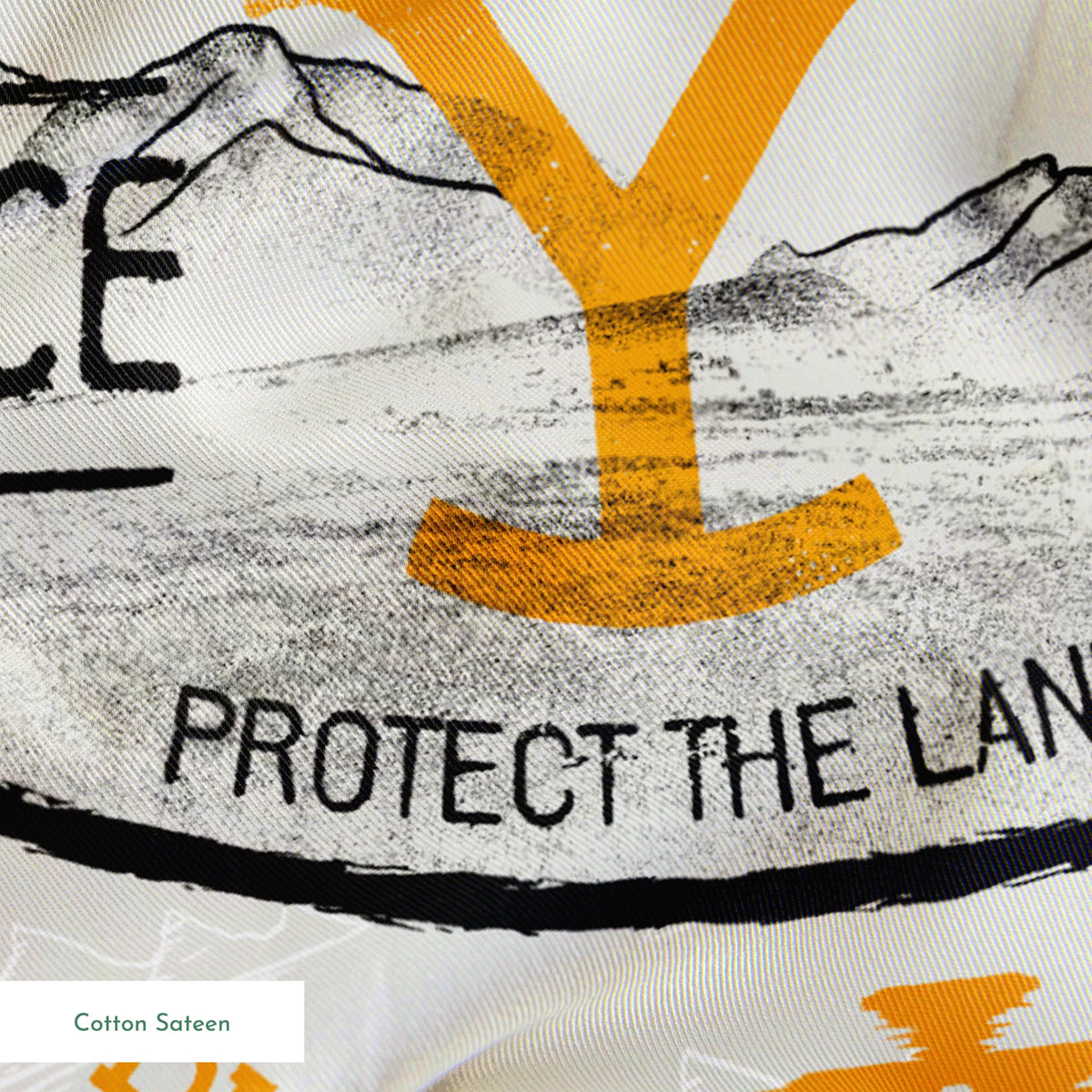Yellowstone-themed design with black and gold badge graphics, “Protect the Land” text, and Dutton Ranch icons on a cream background. springs sateen texture