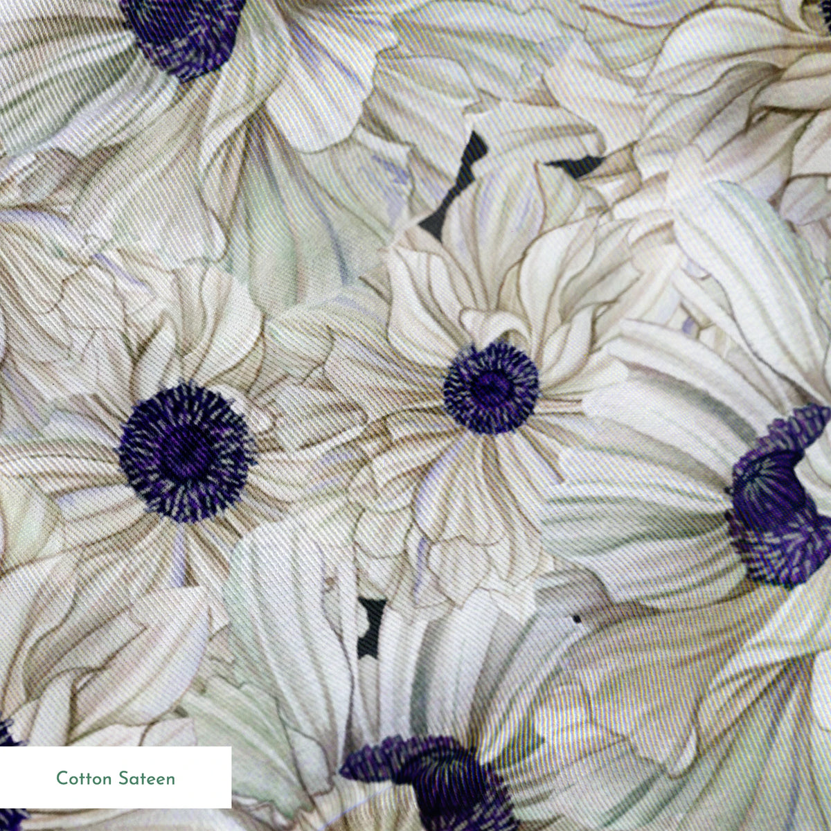 Ivory and indigo packed floral pattern with detailed petal textures and clustered blooms. springs sateen texture